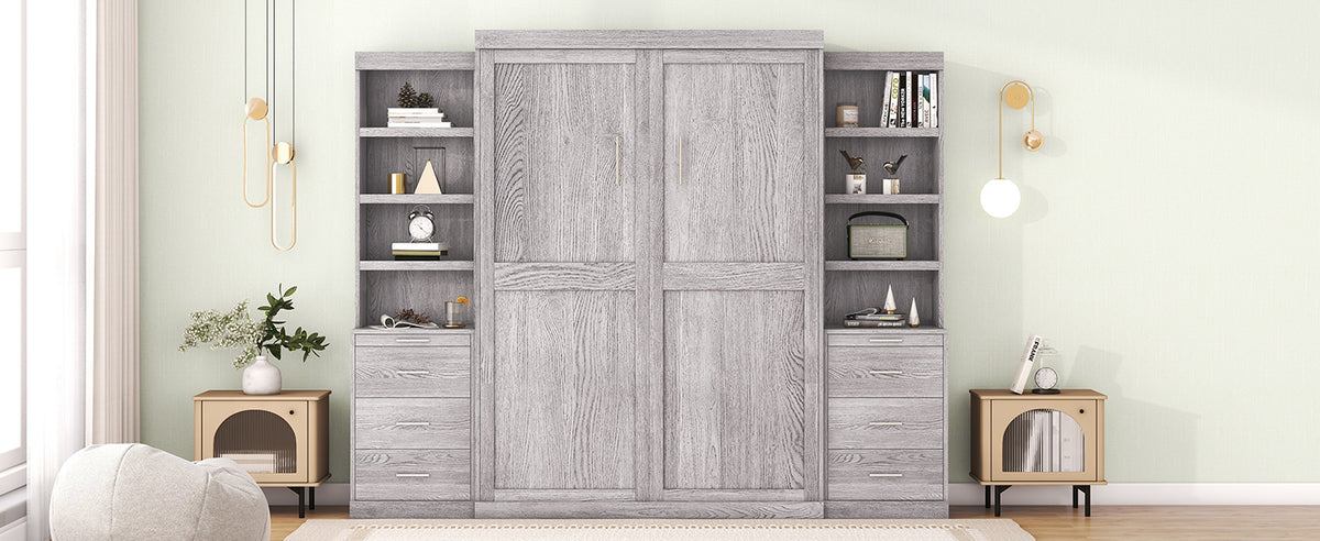 Full Size Murphy Bed With Storage Shelves And Drawers, Gray Box Spring Not Required Full Gray Murphy Solid Wood Mdf