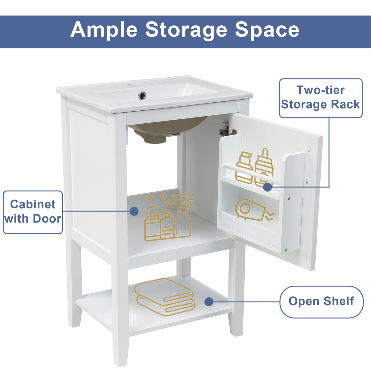 20" Bathroom Vanity With Sink, Bathroom Cabinet With Soft Closing Door, Storage Rack And Open Shelf, White White Solid Wood Mdf