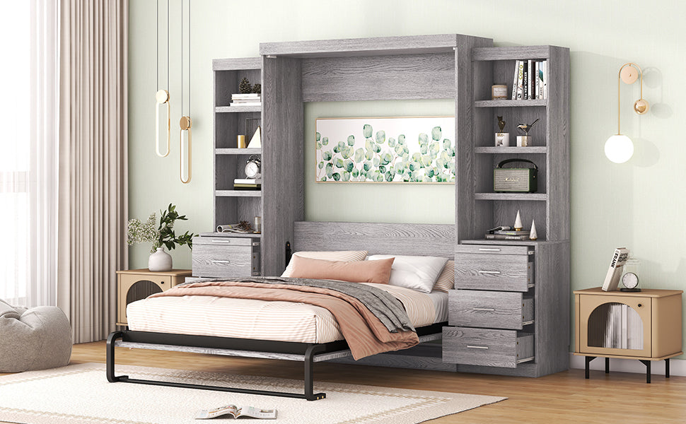 Full Size Murphy Bed With Storage Shelves And Drawers, Gray Box Spring Not Required Full Gray Murphy Solid Wood Mdf