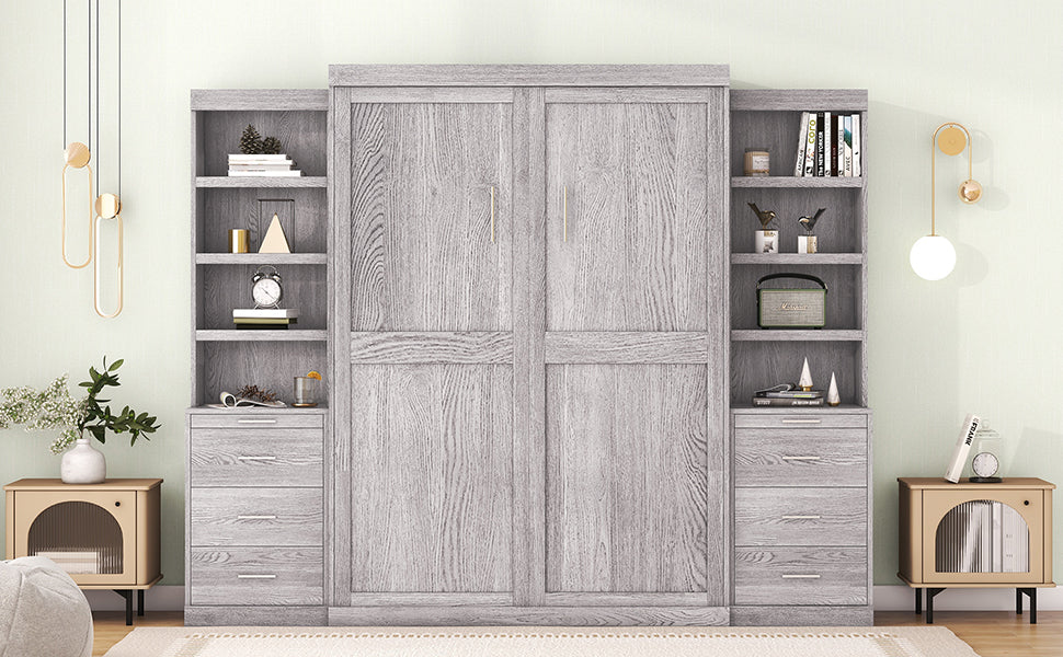 Full Size Murphy Bed With Storage Shelves And Drawers, Gray Box Spring Not Required Full Gray Murphy Solid Wood Mdf