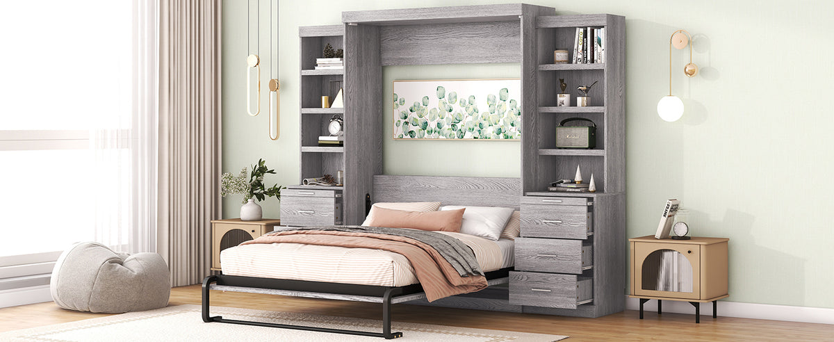 Full Size Murphy Bed With Storage Shelves And Drawers, Gray Box Spring Not Required Full Gray Murphy Solid Wood Mdf