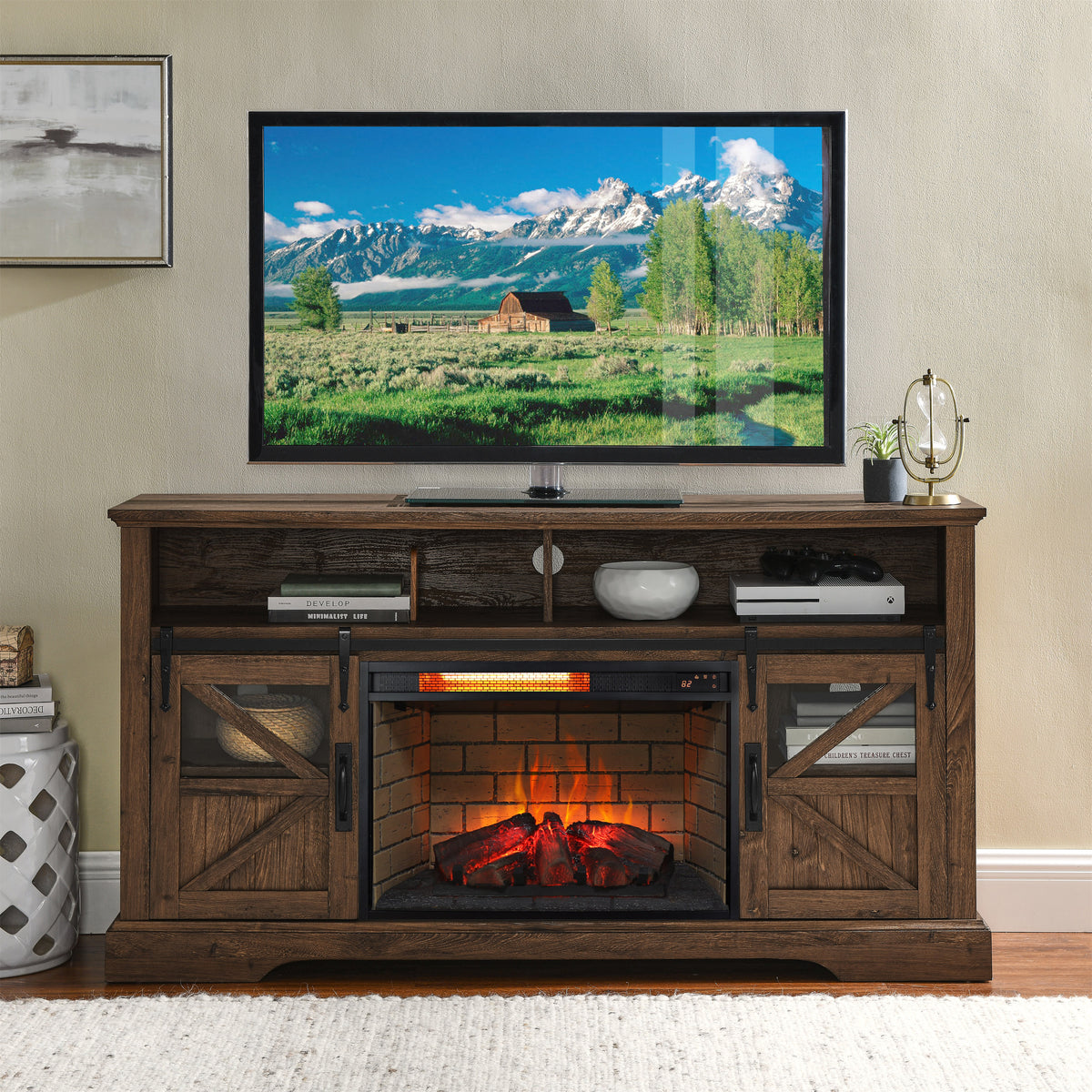 26 Inch Infrared Quartz Heater Fireplace Insert Woodlog Version With Brick Powder Coated Electric Antique Black Vent Free Primary Living Space Yes Insert Tempered Glass Sheet Metal Plastic Electric