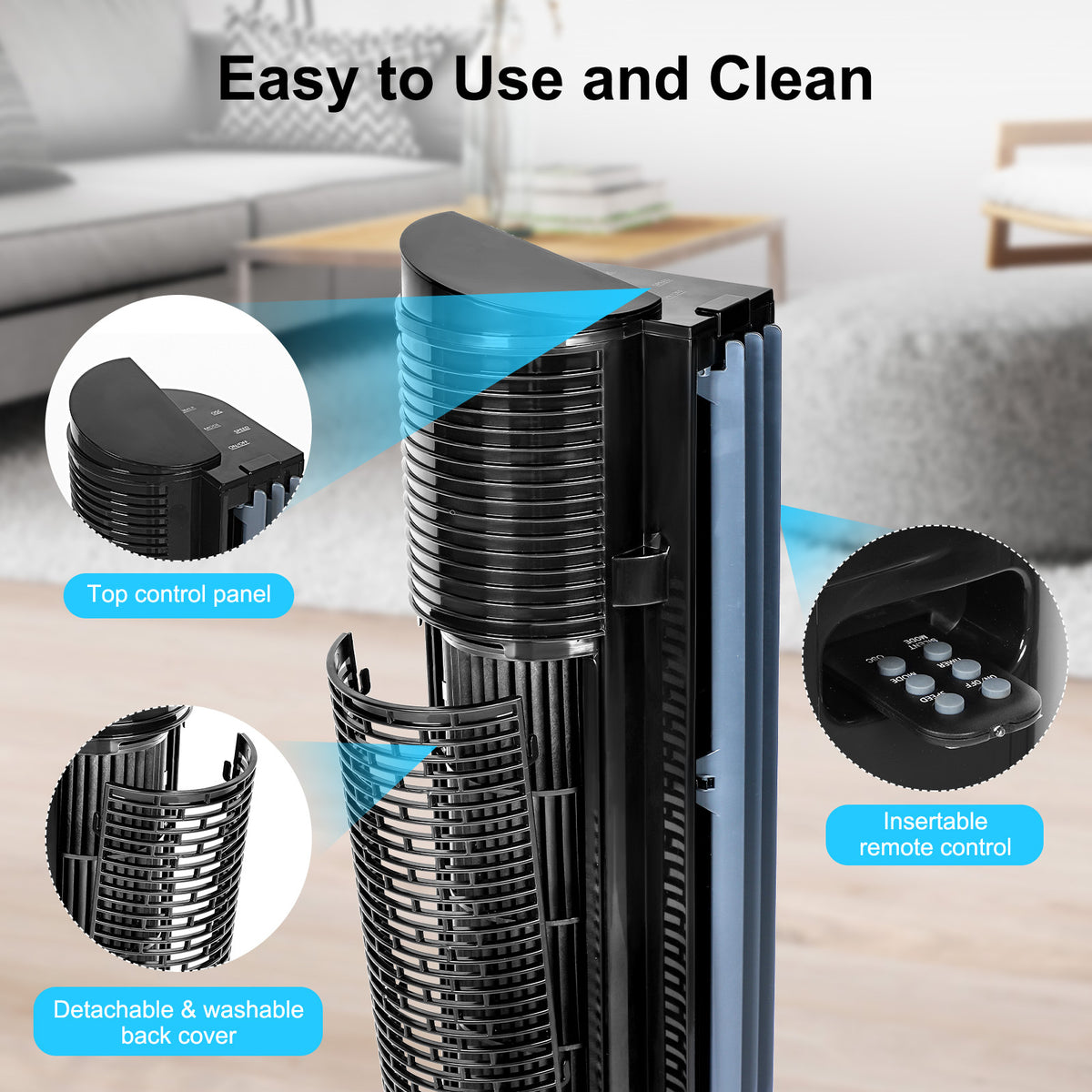 Healsmart 40 Inch Bladeless 60 Degree Oscillating Tower Fan With Aromatherapy Diffuser And Insertable Remote, Features With 38Db Low Noise Operating, 15H Timing, Wifi Control, Black Black Abs