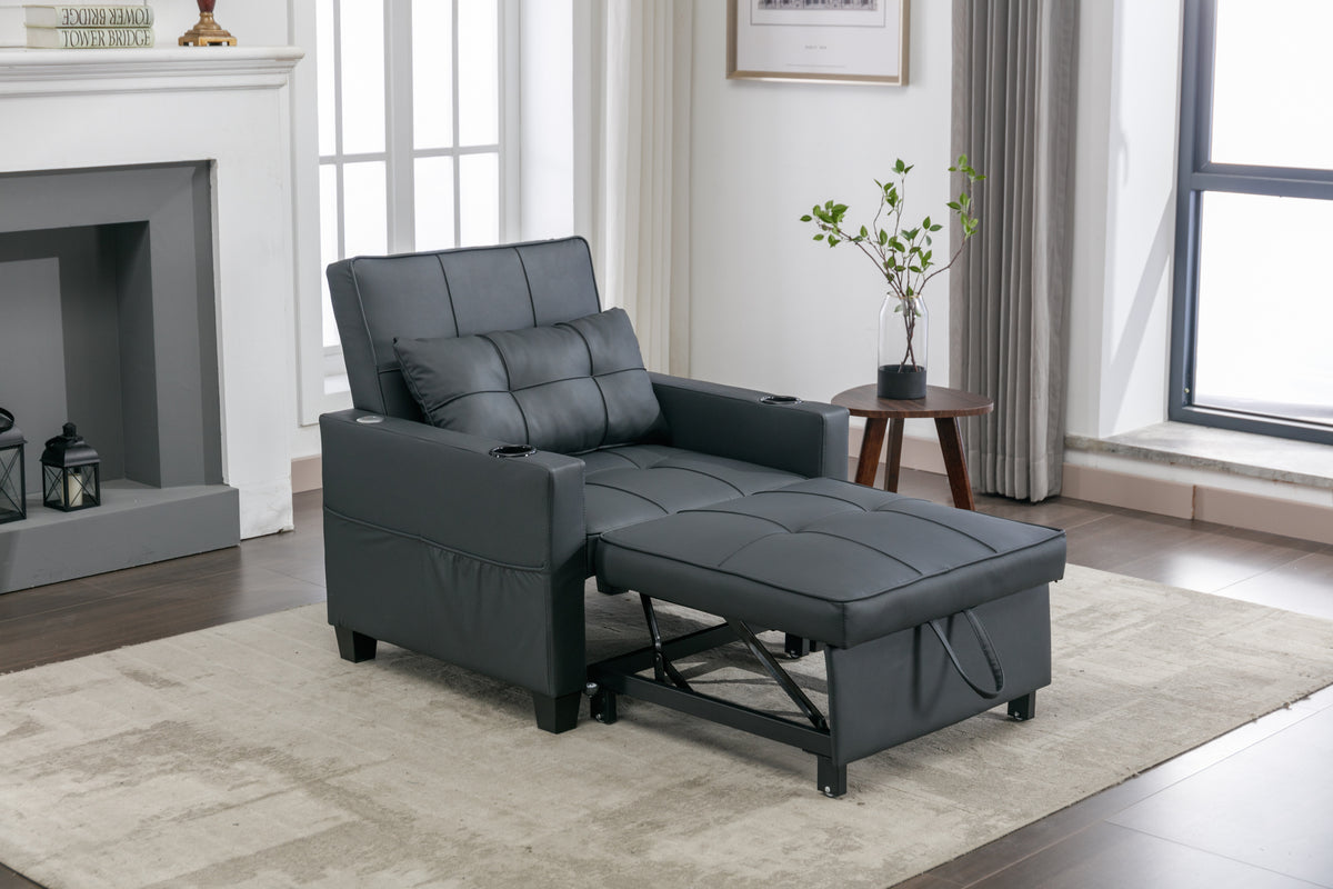 Futon Chair Bed Convertible Chair 3 In 1 Pull Out Sleeper Chair Beds With Usb Ports, Wear Resistant And Anti Scratch, Armchair Bed Sleeper For Living Room Black Leather Black Foam Leather 1 Seat