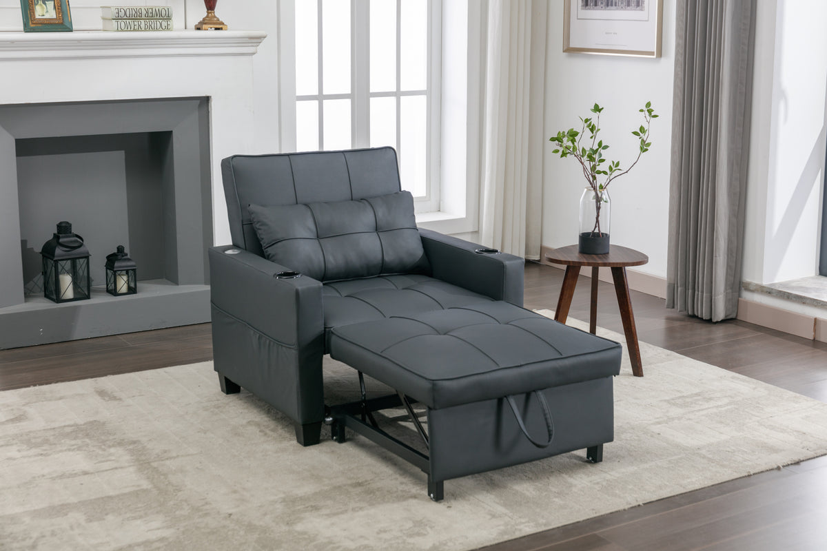 Futon Chair Bed Convertible Chair 3 In 1 Pull Out Sleeper Chair Beds With Usb Ports, Wear Resistant And Anti Scratch, Armchair Bed Sleeper For Living Room Black Leather Black Foam Leather 1 Seat