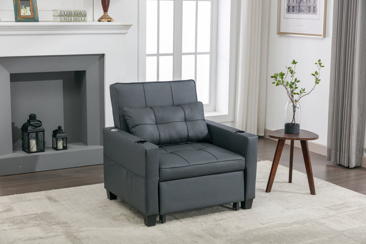 Futon Chair Bed Convertible Chair 3 In 1 Pull Out Sleeper Chair Beds With Usb Ports, Wear Resistant And Anti Scratch, Armchair Bed Sleeper For Living Room Black Leather Black Foam Leather 1 Seat
