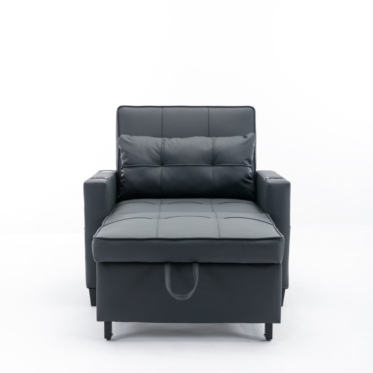 Futon Chair Bed Convertible Chair 3 In 1 Pull Out Sleeper Chair Beds With Usb Ports, Wear Resistant And Anti Scratch, Armchair Bed Sleeper For Living Room Black Leather Black Foam Leather 1 Seat