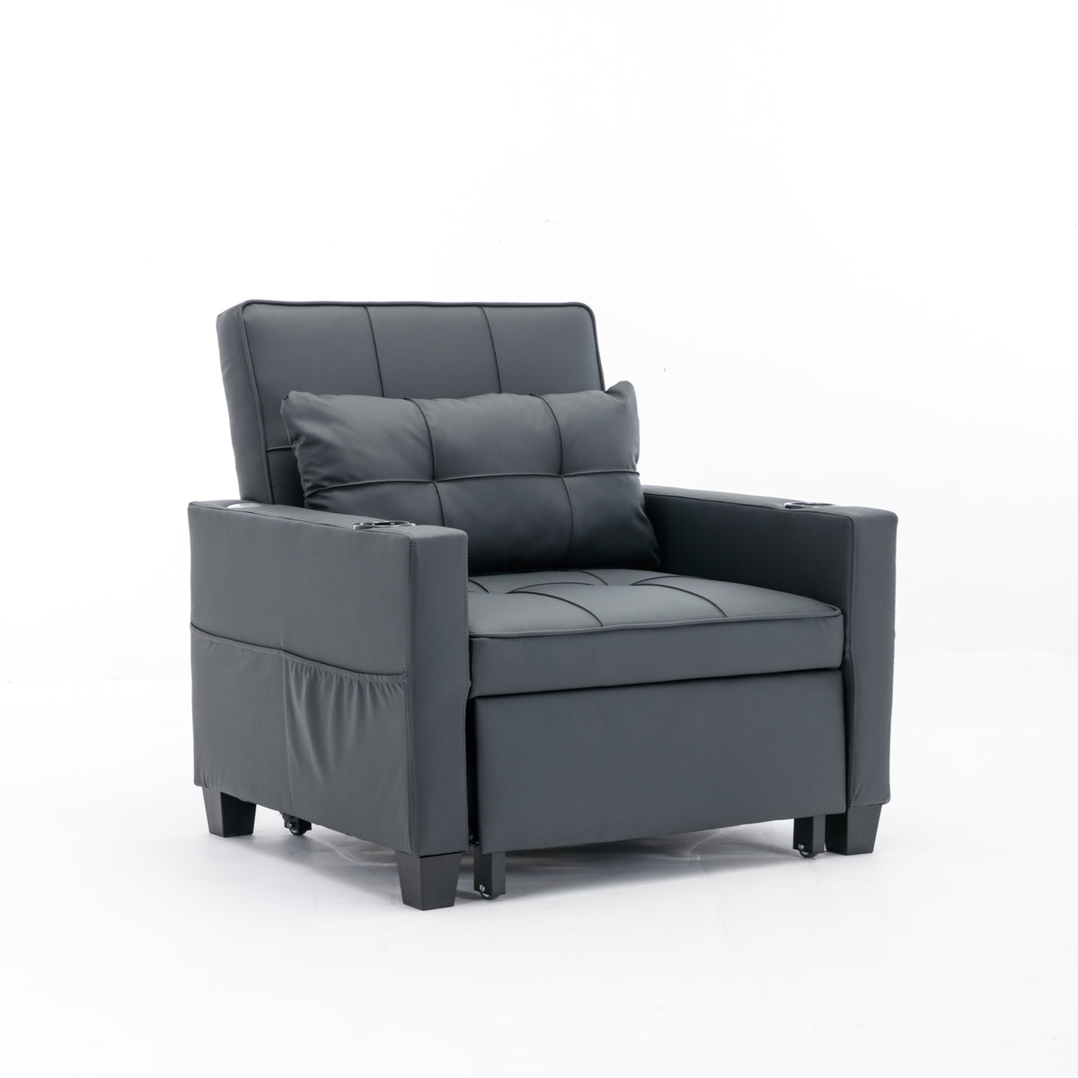 Futon Chair Bed Convertible Chair 3 In 1 Pull Out Sleeper Chair Beds With Usb Ports, Wear Resistant And Anti Scratch, Armchair Bed Sleeper For Living Room Black Leather Black Foam Leather 1 Seat