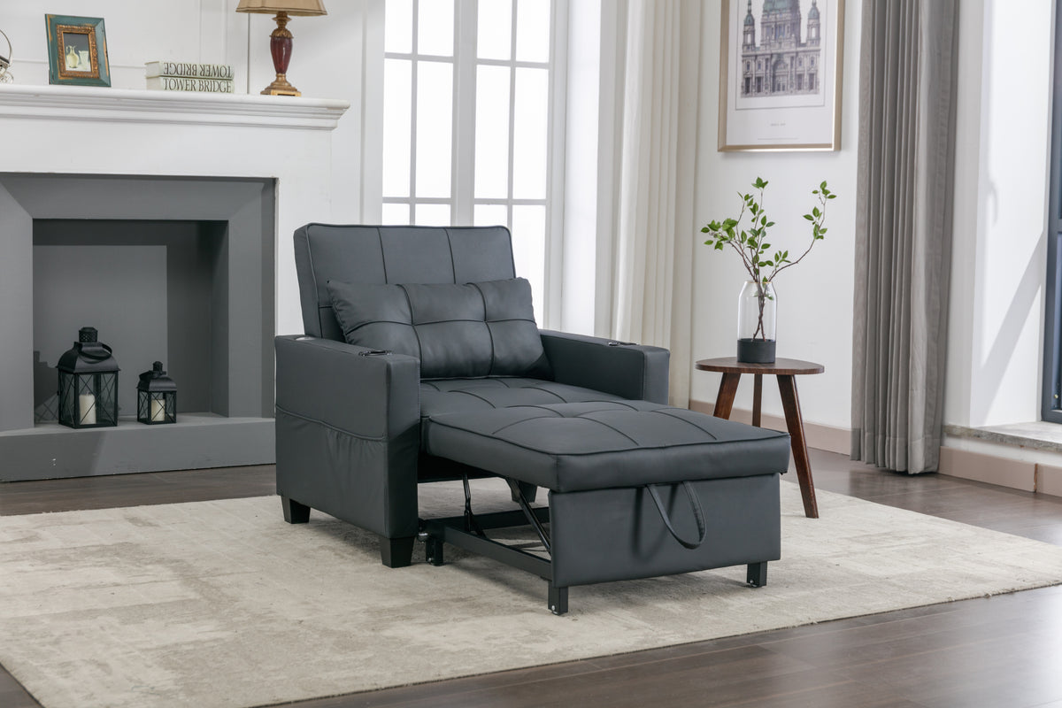 Futon Chair Bed Convertible Chair 3 In 1 Pull Out Sleeper Chair Beds With Usb Ports, Wear Resistant And Anti Scratch, Armchair Bed Sleeper For Living Room Black Leather Black Foam Leather 1 Seat