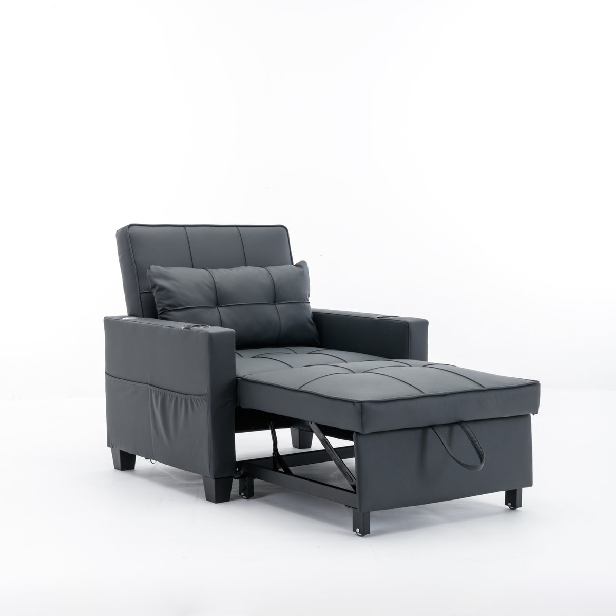 Futon Chair Bed Convertible Chair 3 In 1 Pull Out Sleeper Chair Beds With Usb Ports, Wear Resistant And Anti Scratch, Armchair Bed Sleeper For Living Room Black Leather Black Foam Leather 1 Seat