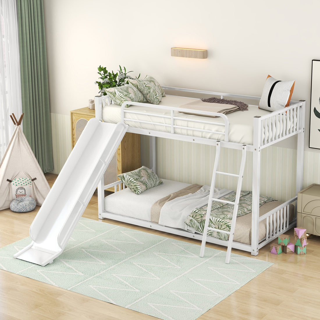 Metal Bunk Bed With Slide, Twin Over Twin, White Box Spring Not Required White Metal Bedroom Metal