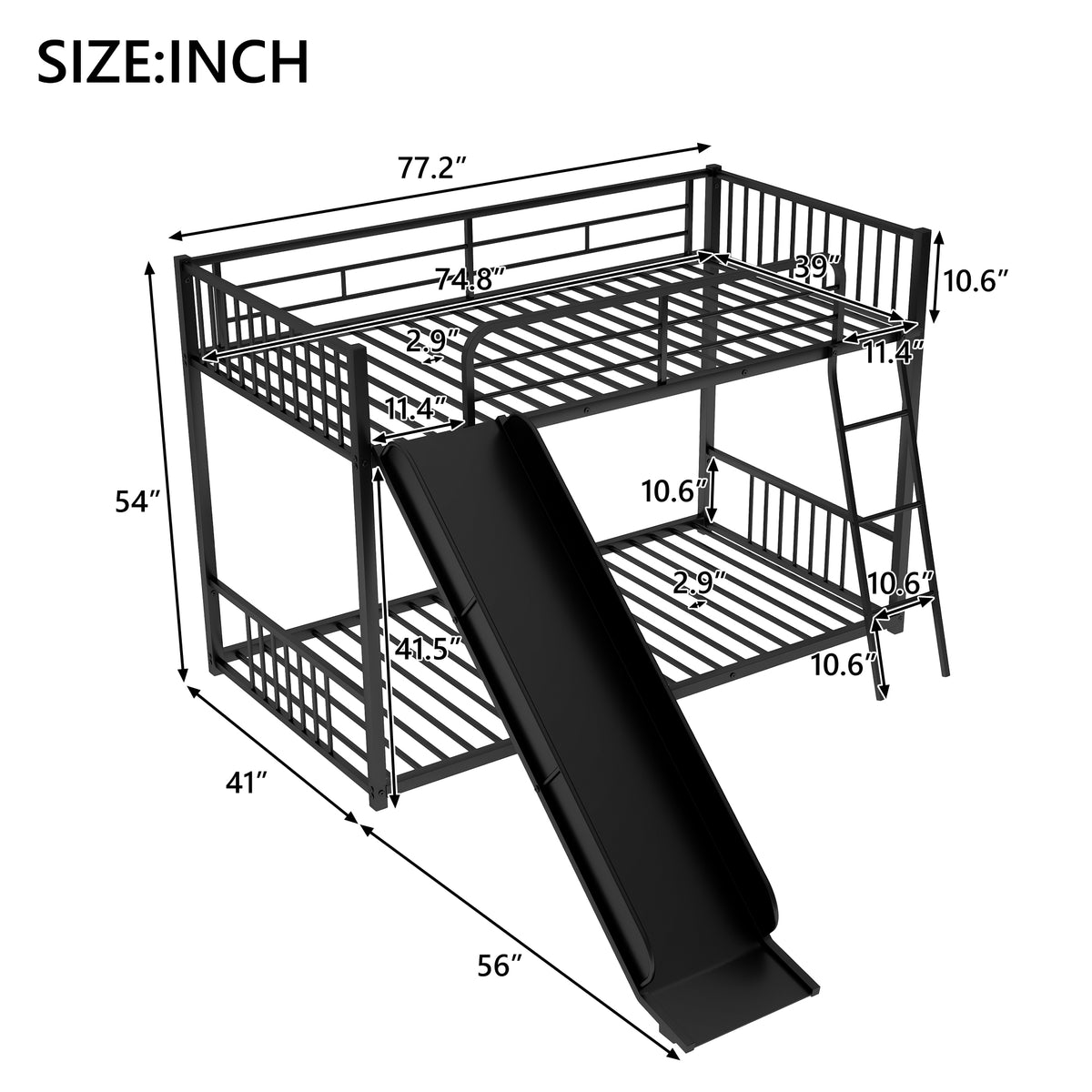 Metal Bunk Bed With Slide, Twin Over Twin, Black Box Spring Not Required Black Metal Bedroom Metal
