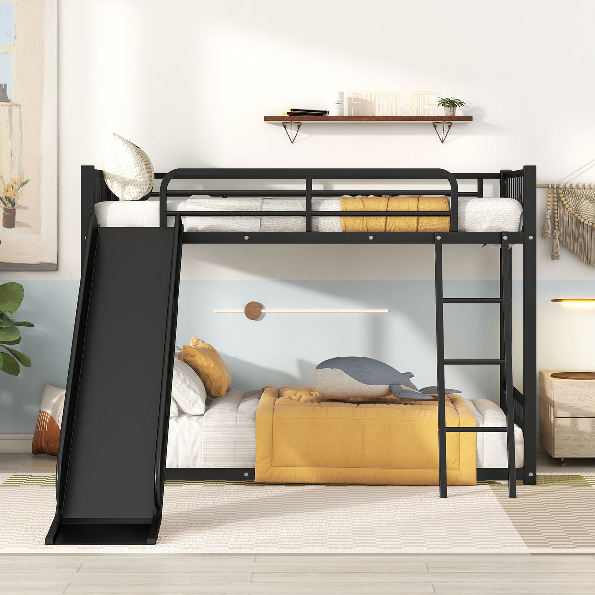 Metal Bunk Bed With Slide, Twin Over Twin, Black Box Spring Not Required Black Metal Bedroom Metal