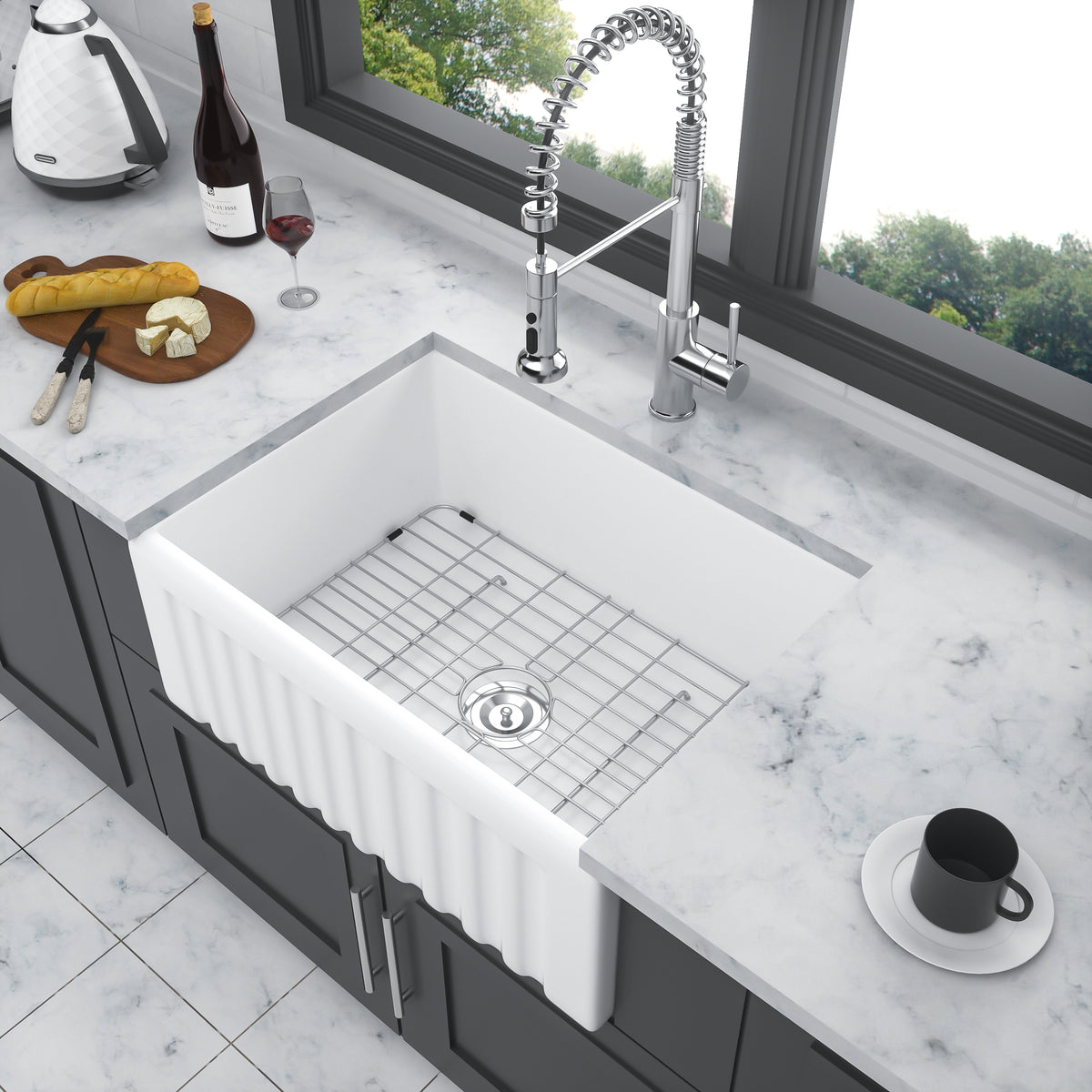 Small Farmhouse Sink 24 Inch Kitchen Sink White Apron Front Ceramic Single Bowl Small Reversible Farm Sink Laundry Room Sink White Ceramic