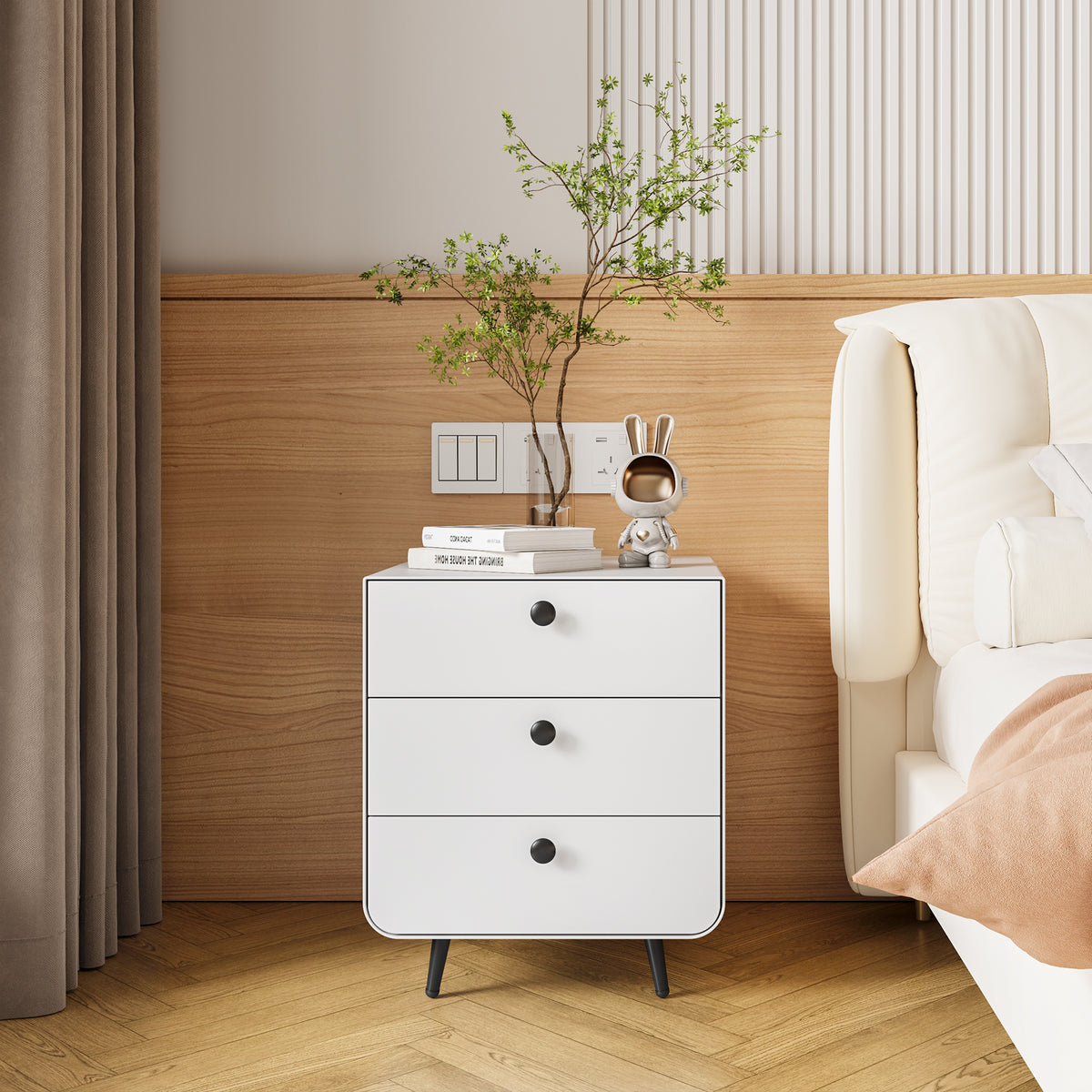 Modern Night Stand Storage Cabinet For Living Room Bedroom, Steel Cabinet With 3 Drawers,Bedside Furniture, Circular Handle White 3 Drawers Steel