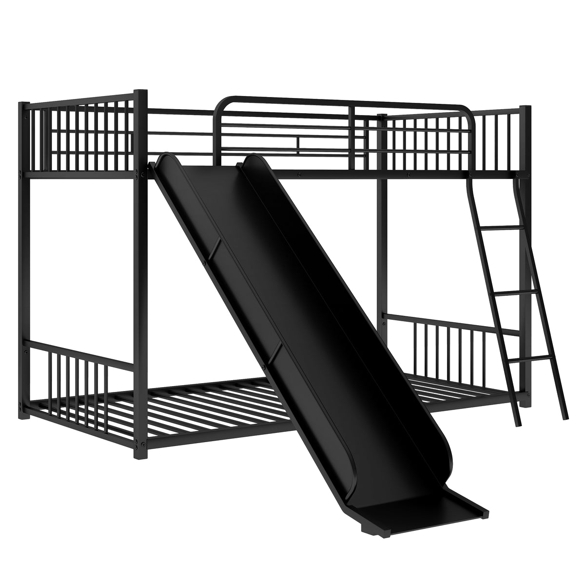 Metal Bunk Bed With Slide, Twin Over Twin, Black Box Spring Not Required Black Metal Bedroom Metal