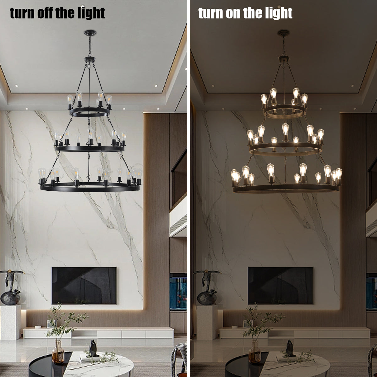 Sku:W1340P206660 27 Light Metal Ring Chandelier Black Black Retro Iron