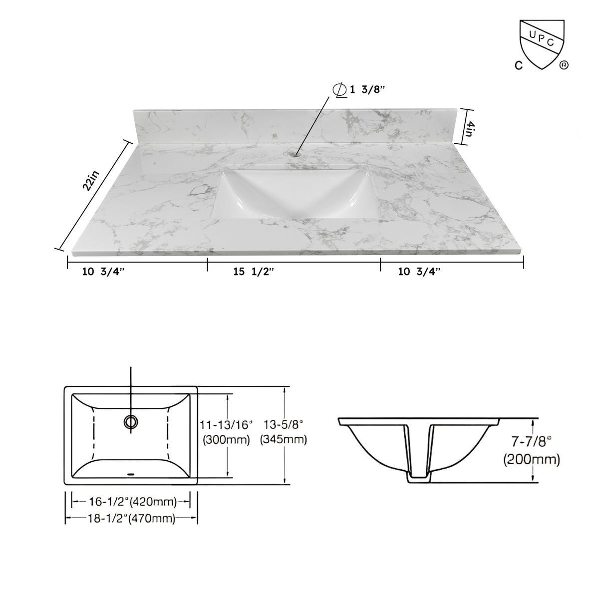 37Inch Bathroom Vanity Top Stone Carrara White Style Tops With Rectangle Undermount Ceramic Sink And Single Faucet Hole Colorful Stone