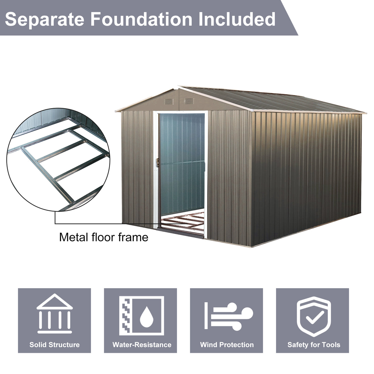 8X10Ft Outdoor Metal Storage Shed Grey Gray Iron