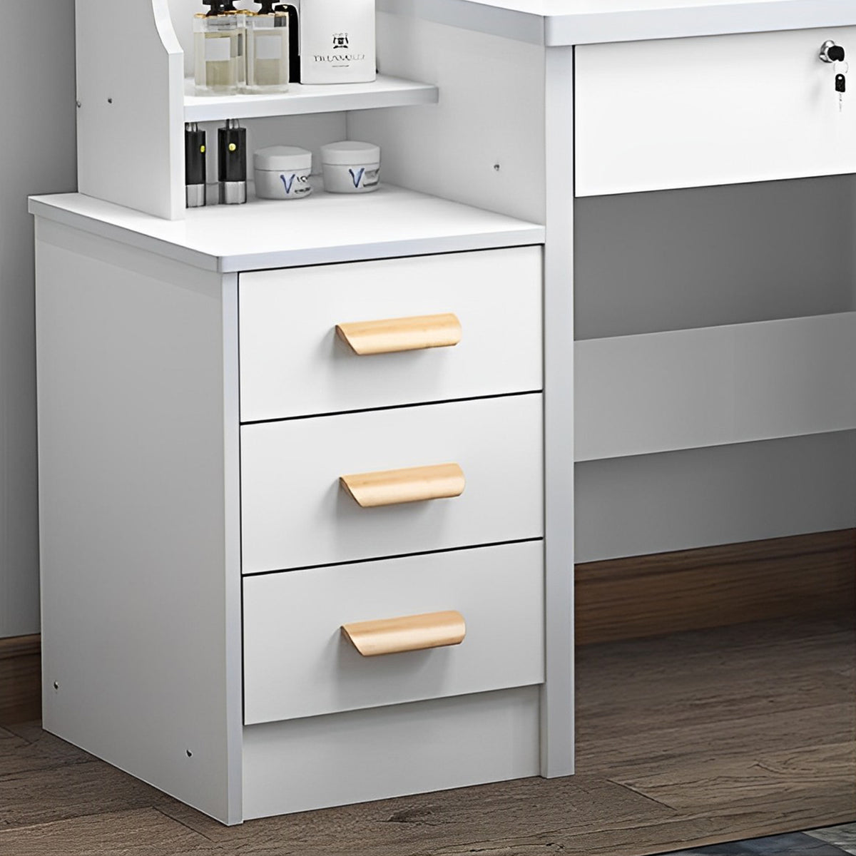Fashion Vanity Desk With Mirror And Lights For Makeup And Chair, Vanity Mirror With Lights And Table Set With 3 Color Lighting Brightness Adjustable, 4 Drawers, White Color White Mdf