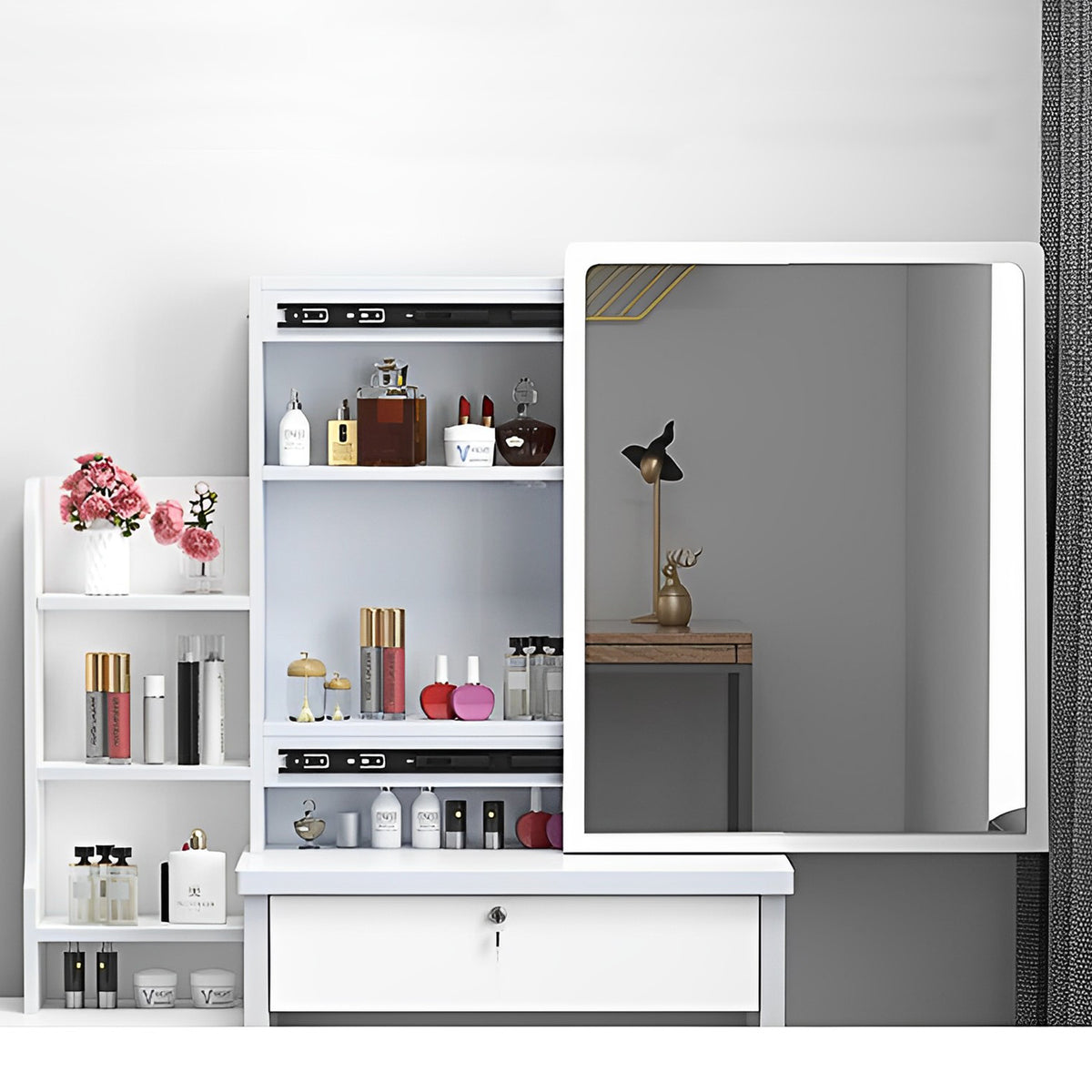 Fashion Vanity Desk With Mirror And Lights For Makeup And Chair, Vanity Mirror With Lights And Table Set With 3 Color Lighting Brightness Adjustable, 4 Drawers, White Color White Mdf