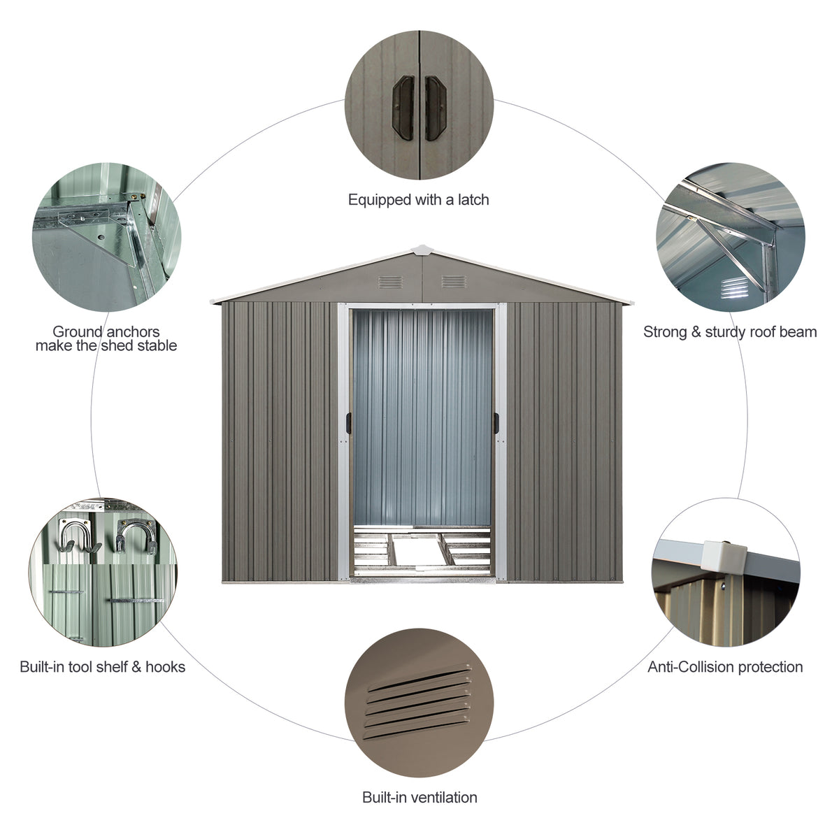 8X10Ft Outdoor Metal Storage Shed Grey Gray Iron