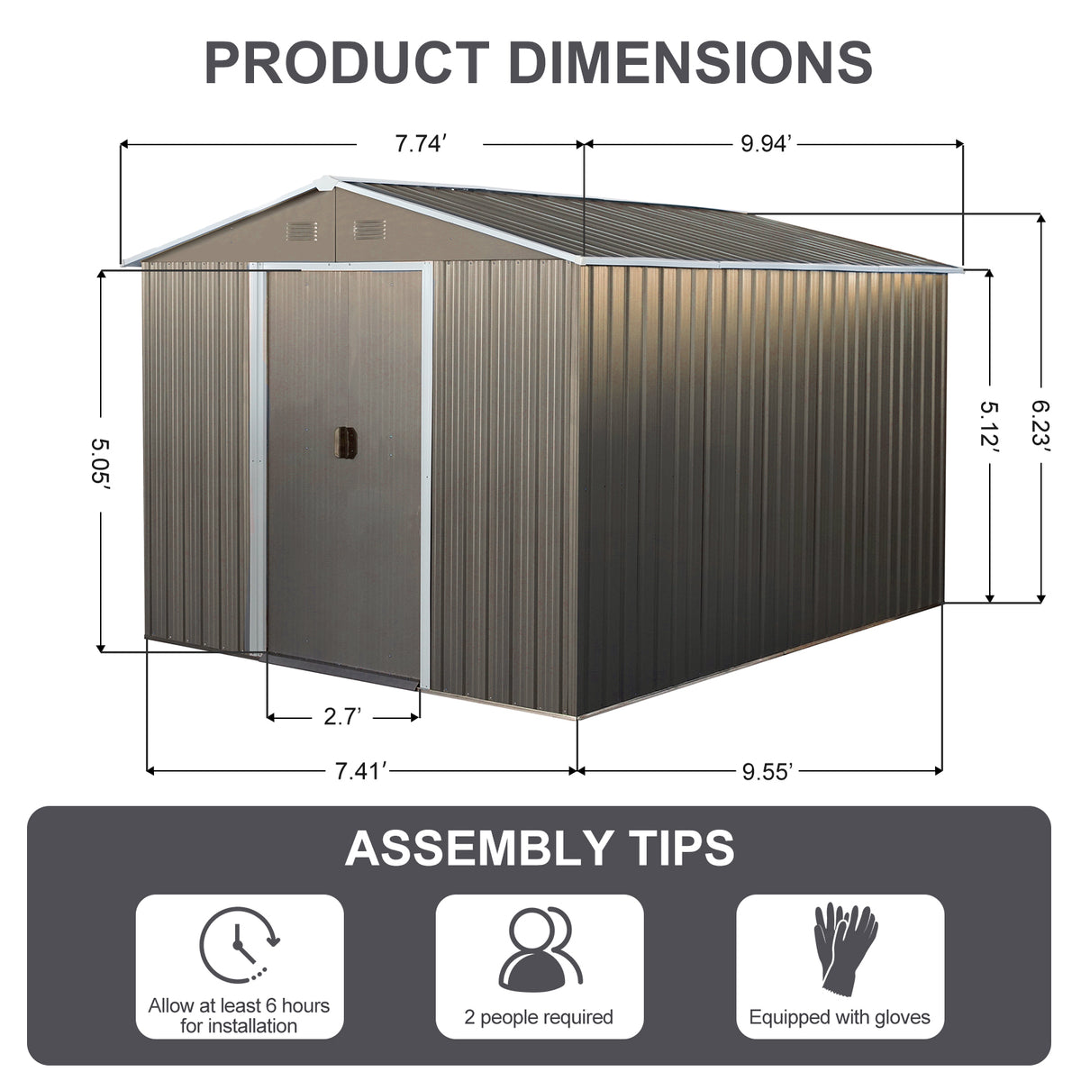 8X10Ft Outdoor Metal Storage Shed Grey Gray Iron