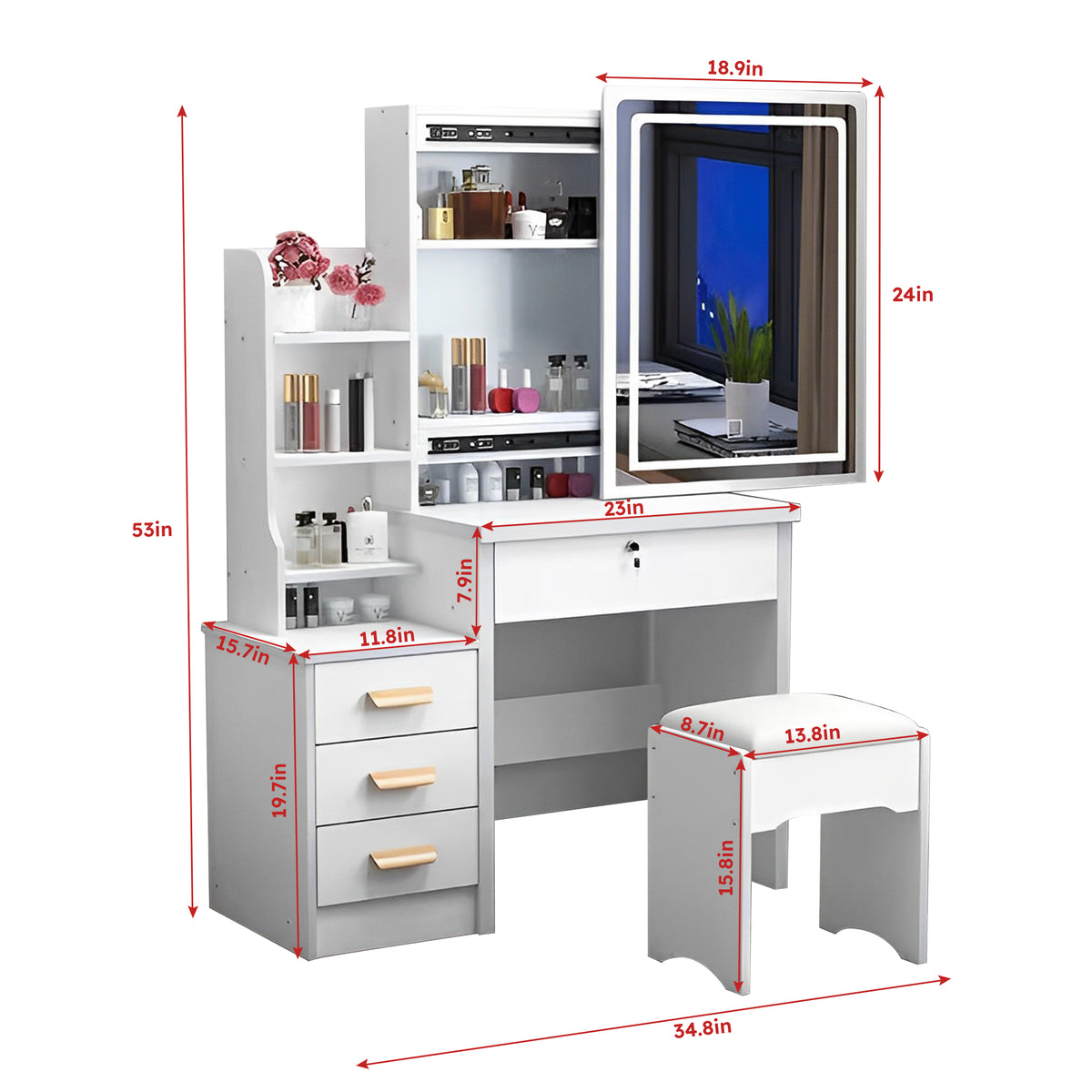 Fashion Vanity Desk With Mirror And Lights For Makeup And Chair, Vanity Mirror With Lights And Table Set With 3 Color Lighting Brightness Adjustable, 4 Drawers, White Color White Mdf