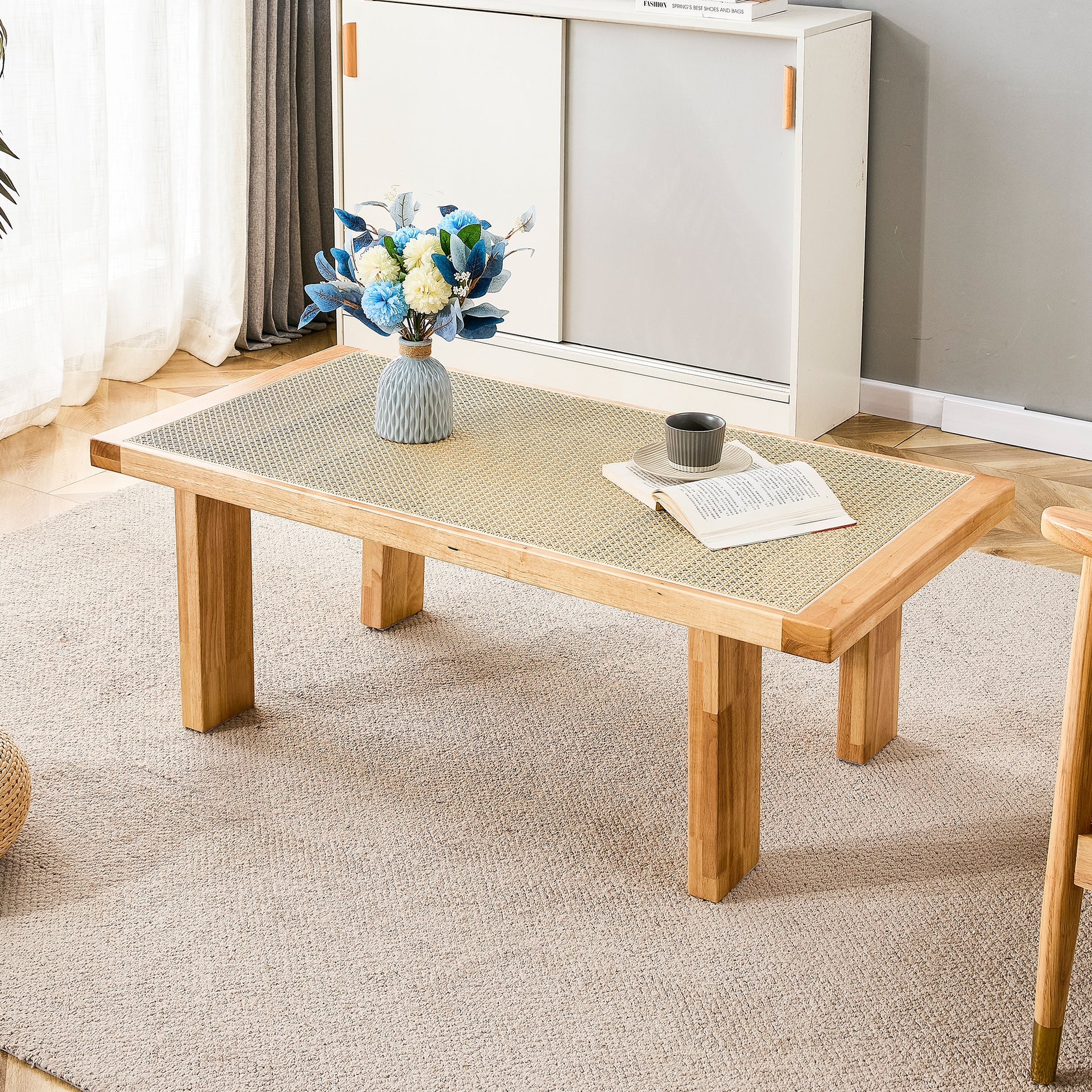 Modern And Minimalist Rectangular Rattan Tabletop With Rubber Wooden Legs, Imitation Rattan Woven Chinese Side Table, Suitable For Small Rectangular Tables In Living Rooms, Dining Rooms, And Bedrooms Natural Wood Solid Wood