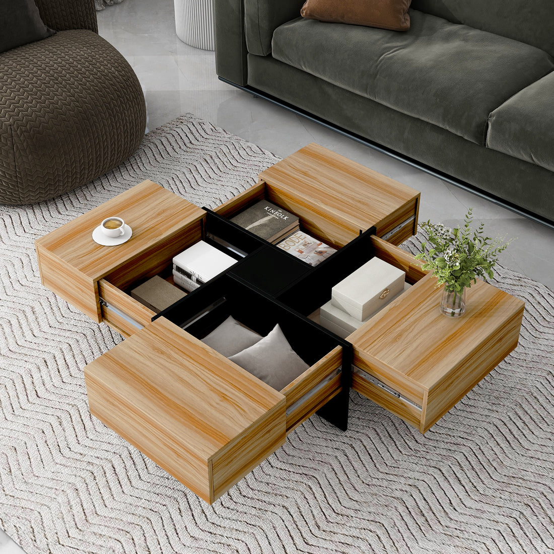 Unique Design Coffee Table With 4 Hidden Storage Compartments, Square Cocktail Table With Extendable Sliding Tabletop, Uv High Gloss Design Center Table For Living Room, 31.5"X 31.5" Brown Soft Close Drawers Primary Living Space Freestanding Square