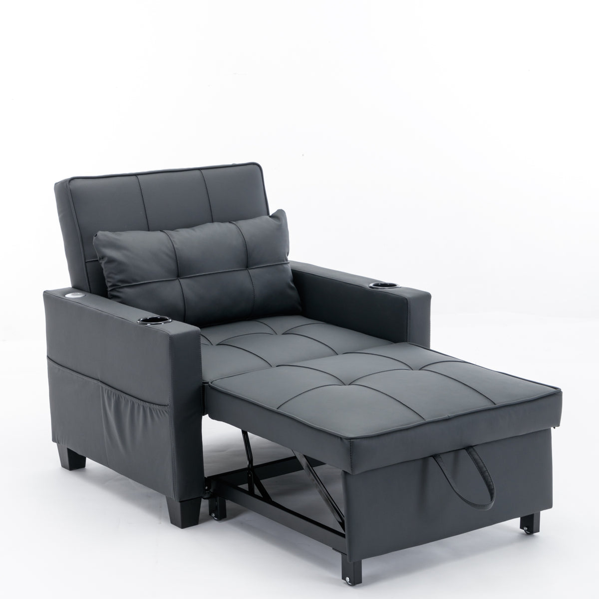 Futon Chair Bed Convertible Chair 3 In 1 Pull Out Sleeper Chair Beds With Usb Ports, Wear Resistant And Anti Scratch, Armchair Bed Sleeper For Living Room Black Leather Black Foam Leather 1 Seat