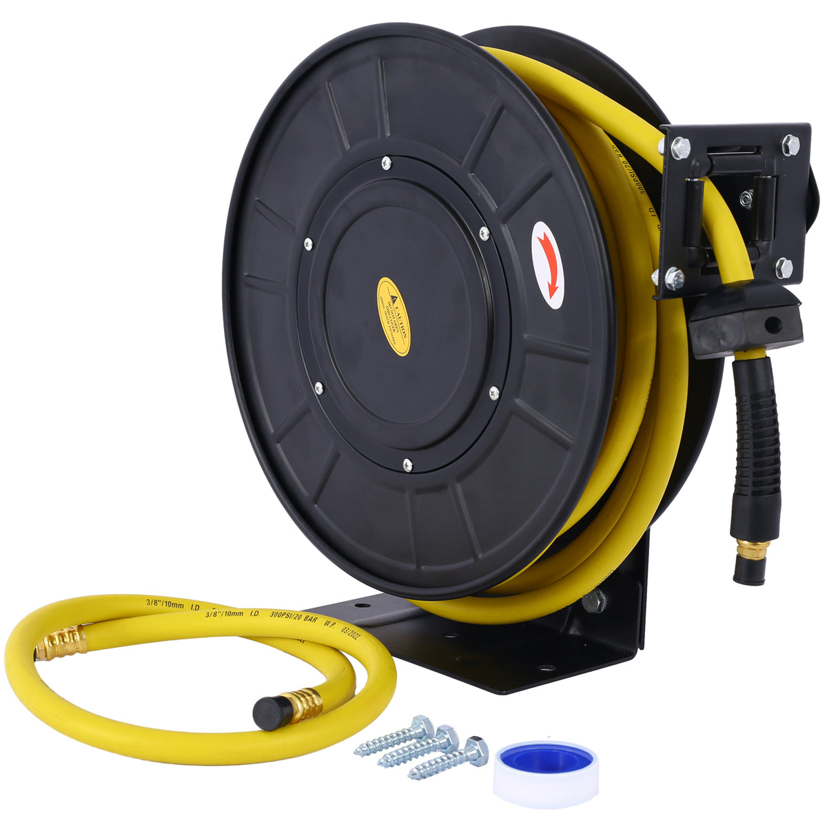 Air Reel Retractable 3 8" Inch X 50' Feet Premium Commercial Flex Hybrid Polymer Hose Max 300 Psi Heavy Duty Steel Frame Black Steel
