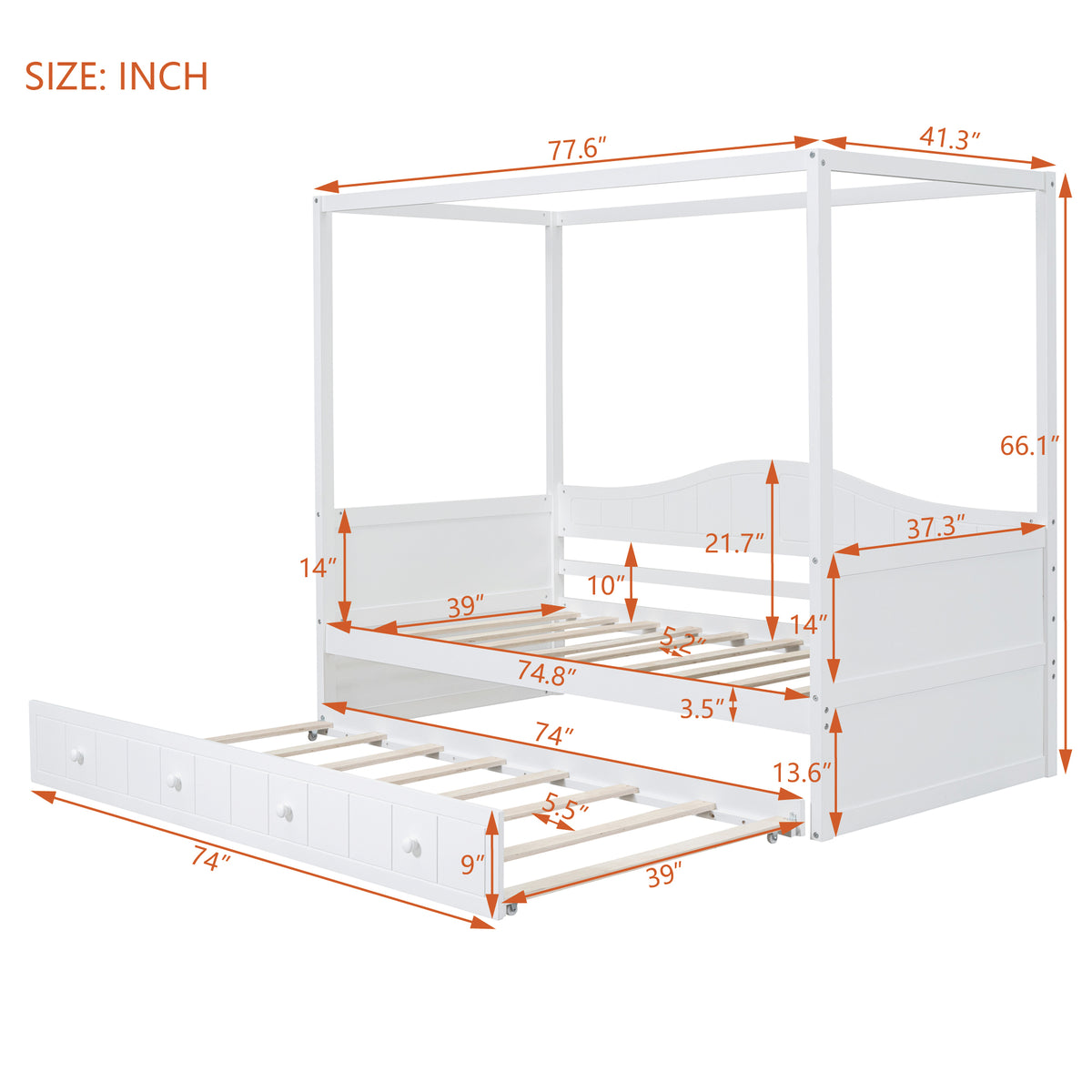 Twin Size Canopy Day Bed With Twin Size Trundle, White White Solid Wood Mdf