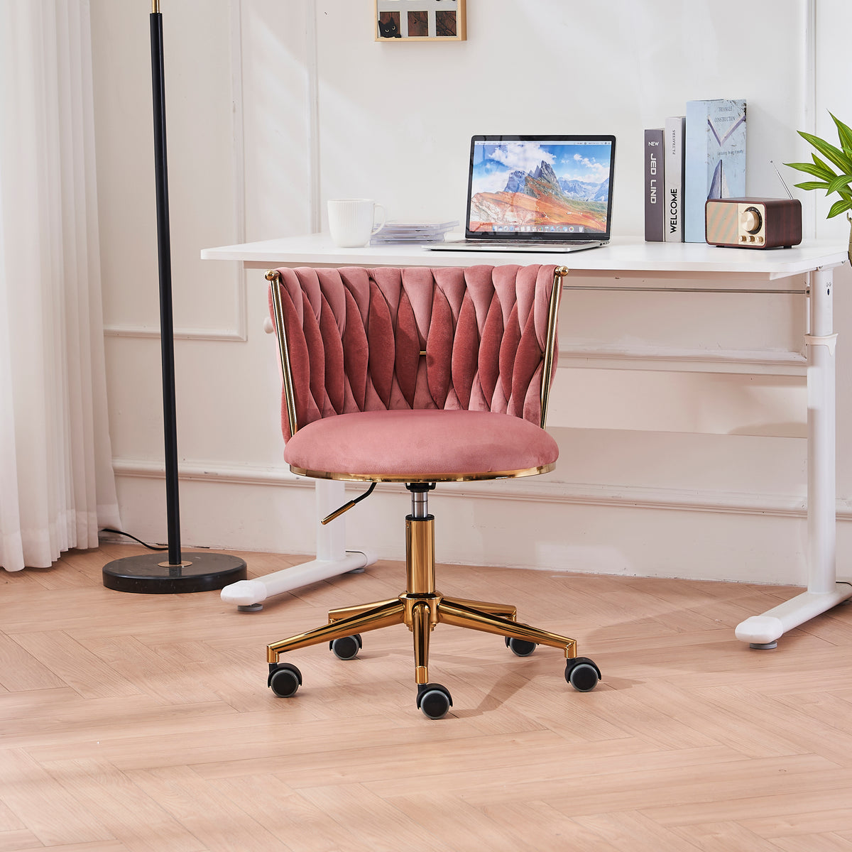 Office Desk Chair, Upholstered Home Office Desk Chairs With Adjustable Swivel Wheels, Ergonomic Office Chair For Living Room, Bedroom, Office, Vanity Study Pink Pink Office Modern Foam Velvet