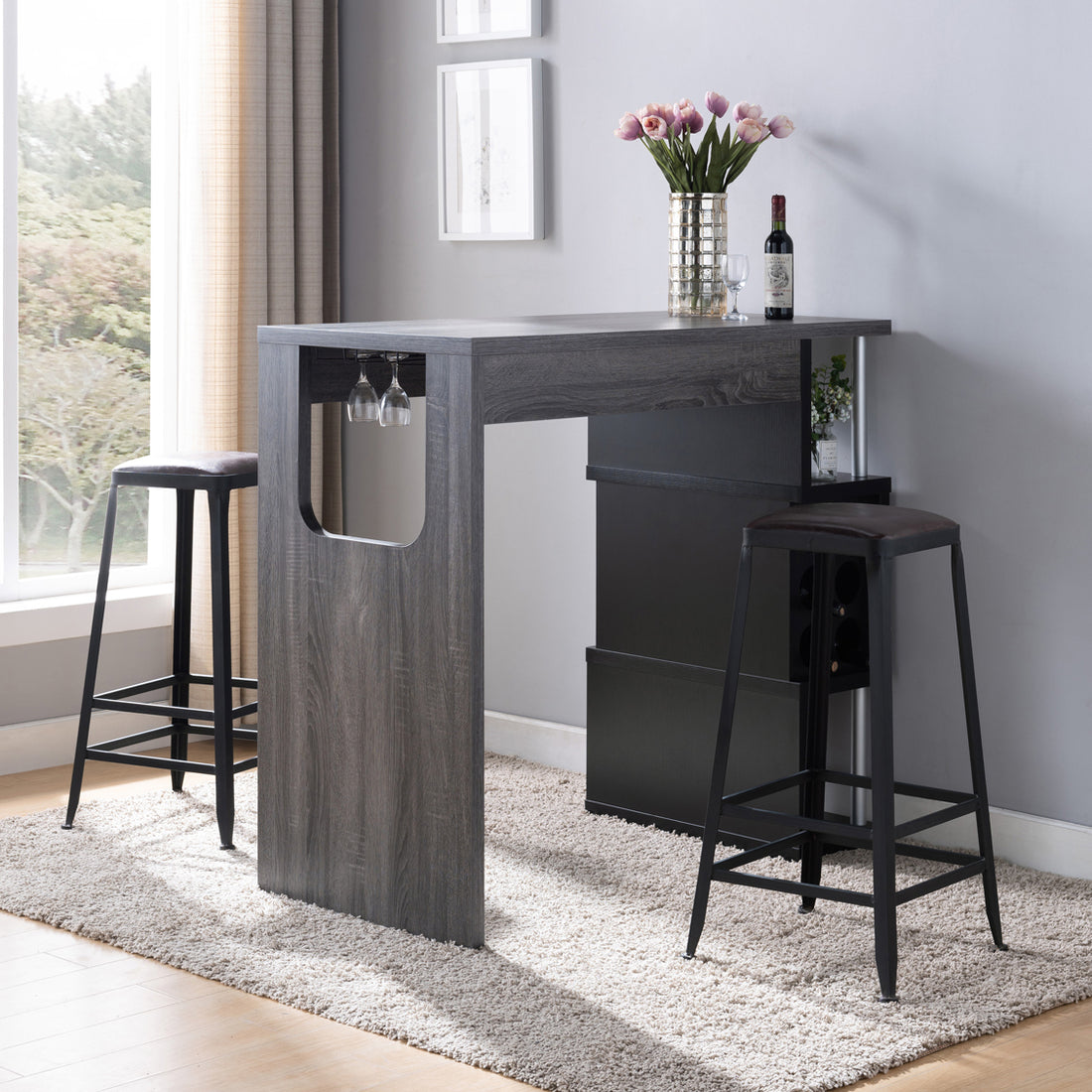 Home Bar Table With Wine Glass Compartment And Three Shelves In Distressed Grey & Black Grey Particle Board