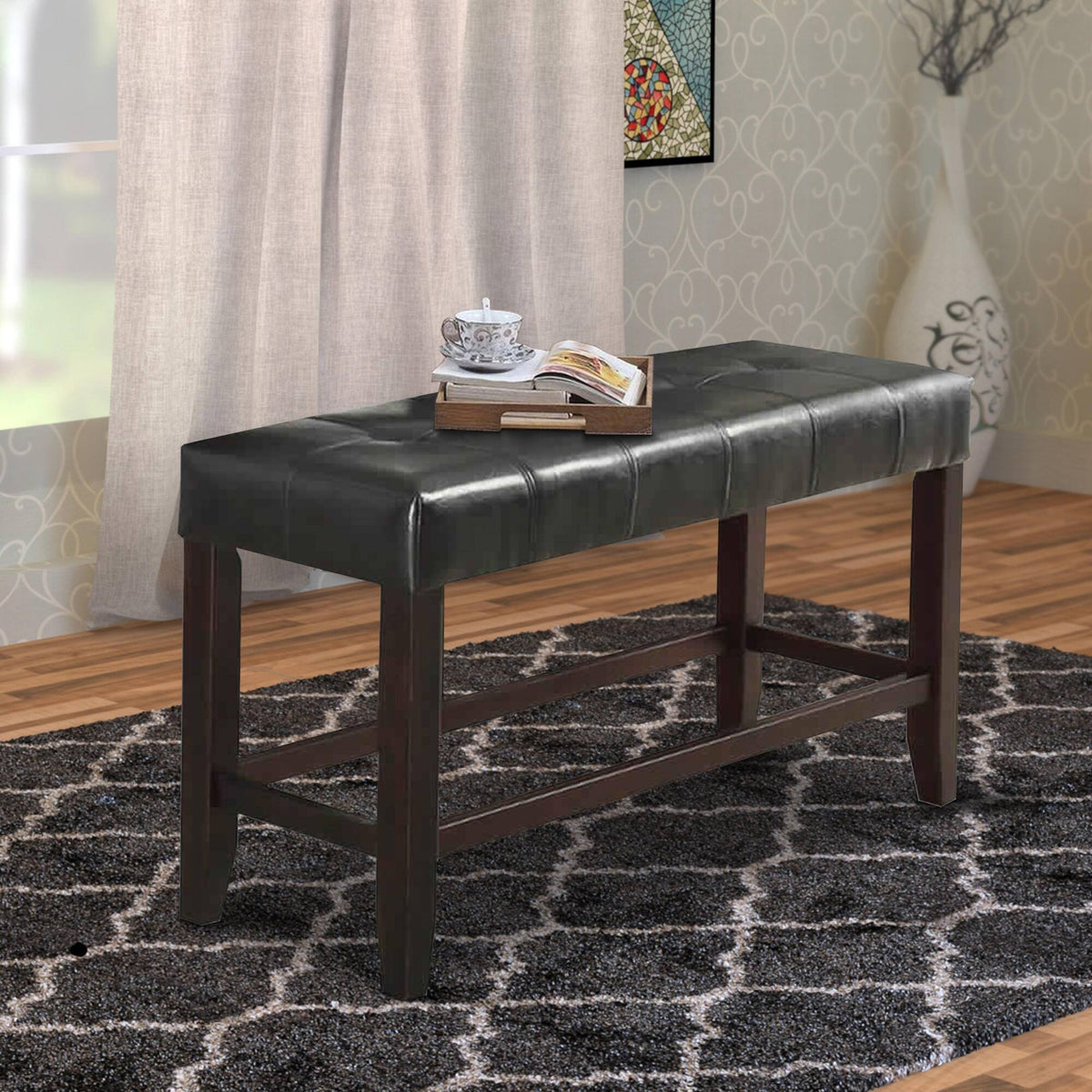 Dining Room Furniture 6Pc Counter Height Dining Set Dining Table W Storage 4X High Chairs 1X Bench Black Faux Leather Tufted Seats Faux Marble Table Top Black Brown Seats 6 Espresso Dining Room 60 Inches Bench Seating Classic,Contemporary,Transitional