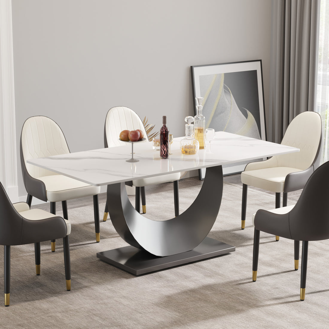 70.87" Modern Artificial Stone White Crescent Shaped Black Metal Legs Can Accommodate 6 8 People. White Metal Sintered Stone