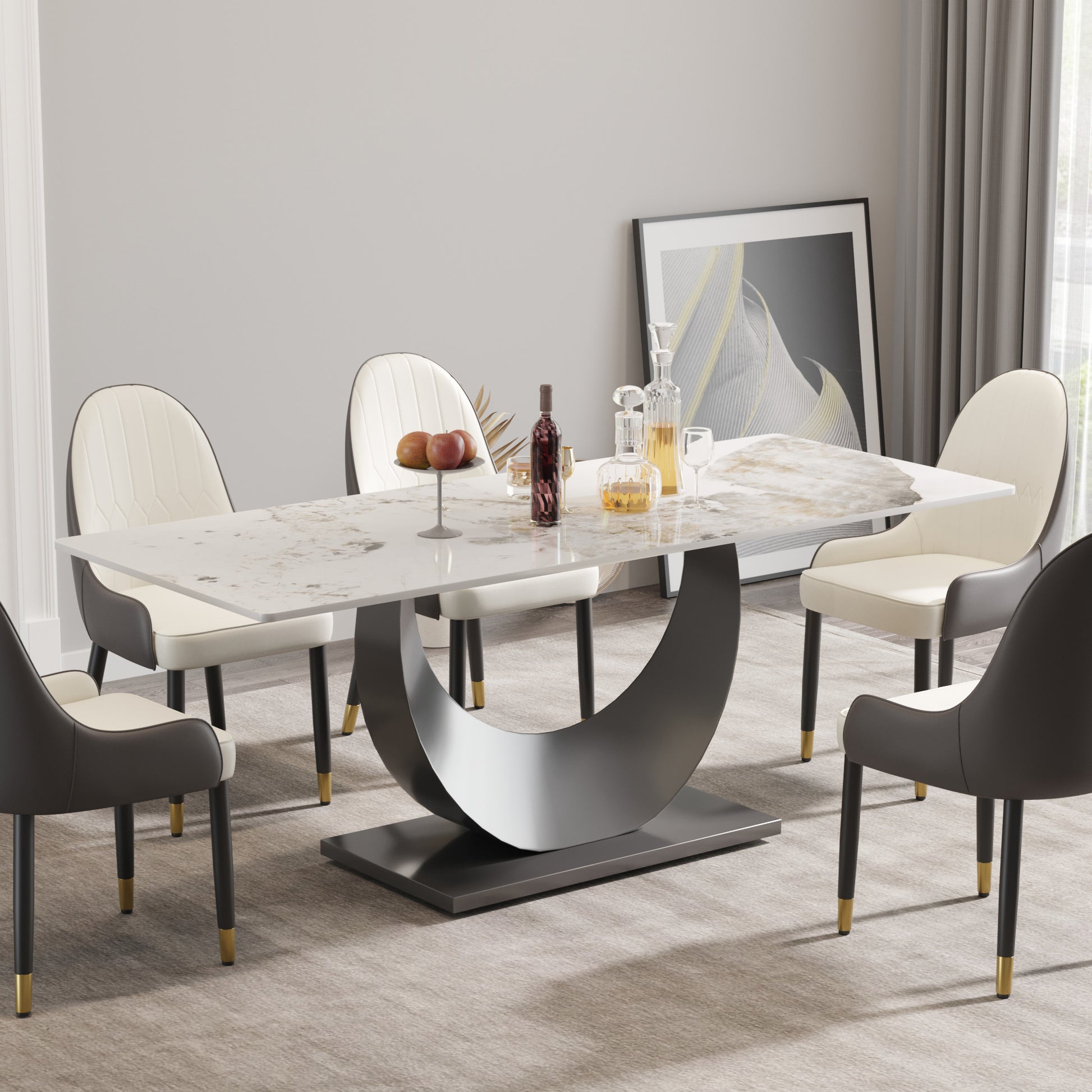 78.74" Modern Artificial Stone Pandora White Crescent Shaped Black Metal Legs Can Accommodate 8 People. Antique White Metal Sintered Stone