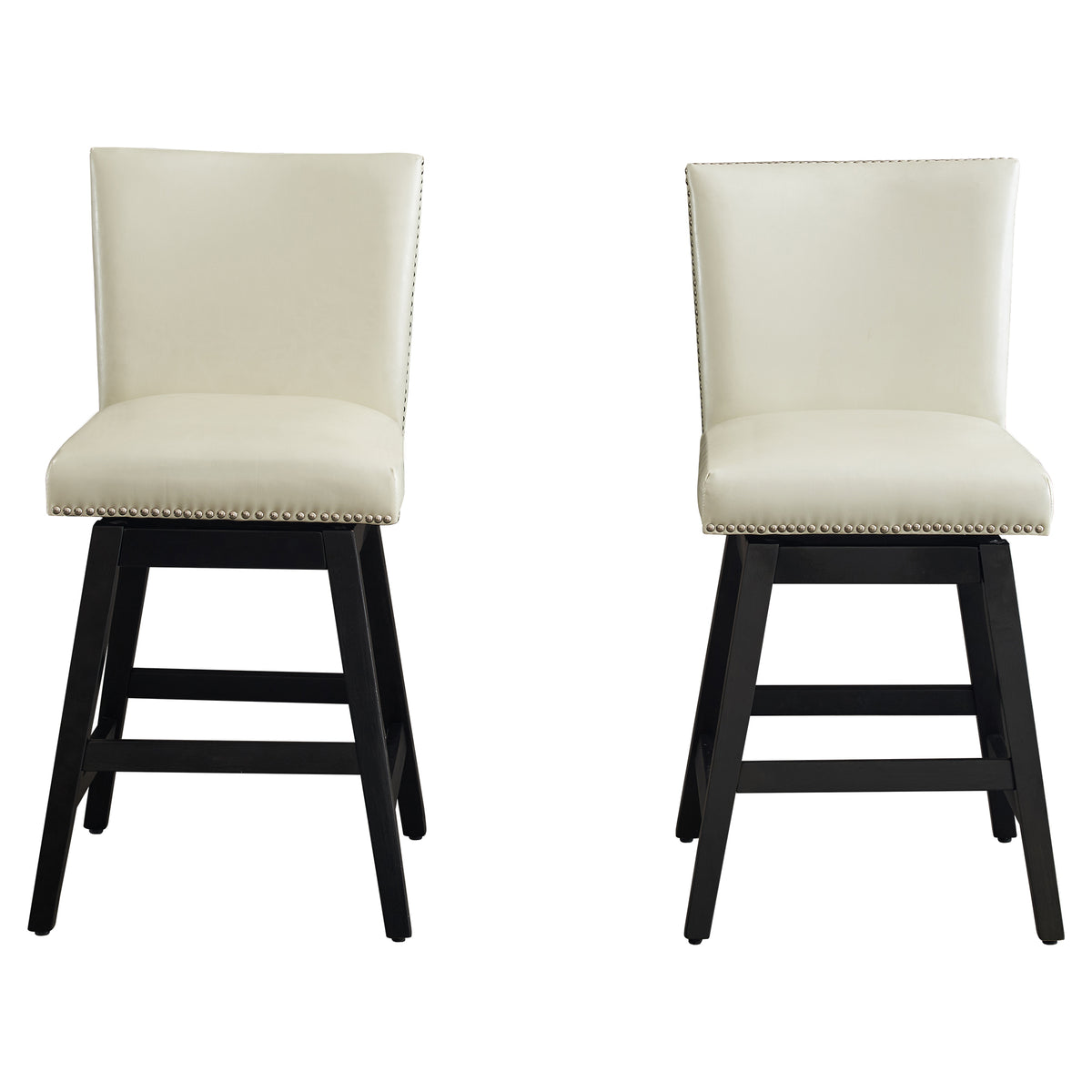 26" Upholstered Swivel Bar Stools Set Of 2, Modern Pu Leather High Back Counter Stools With Nail Head Design And Wood Frame Rubberwood Cream White Brown Dining Room Sponge American Traditional Bar Stools Rubberwood Upholstered Fabric
