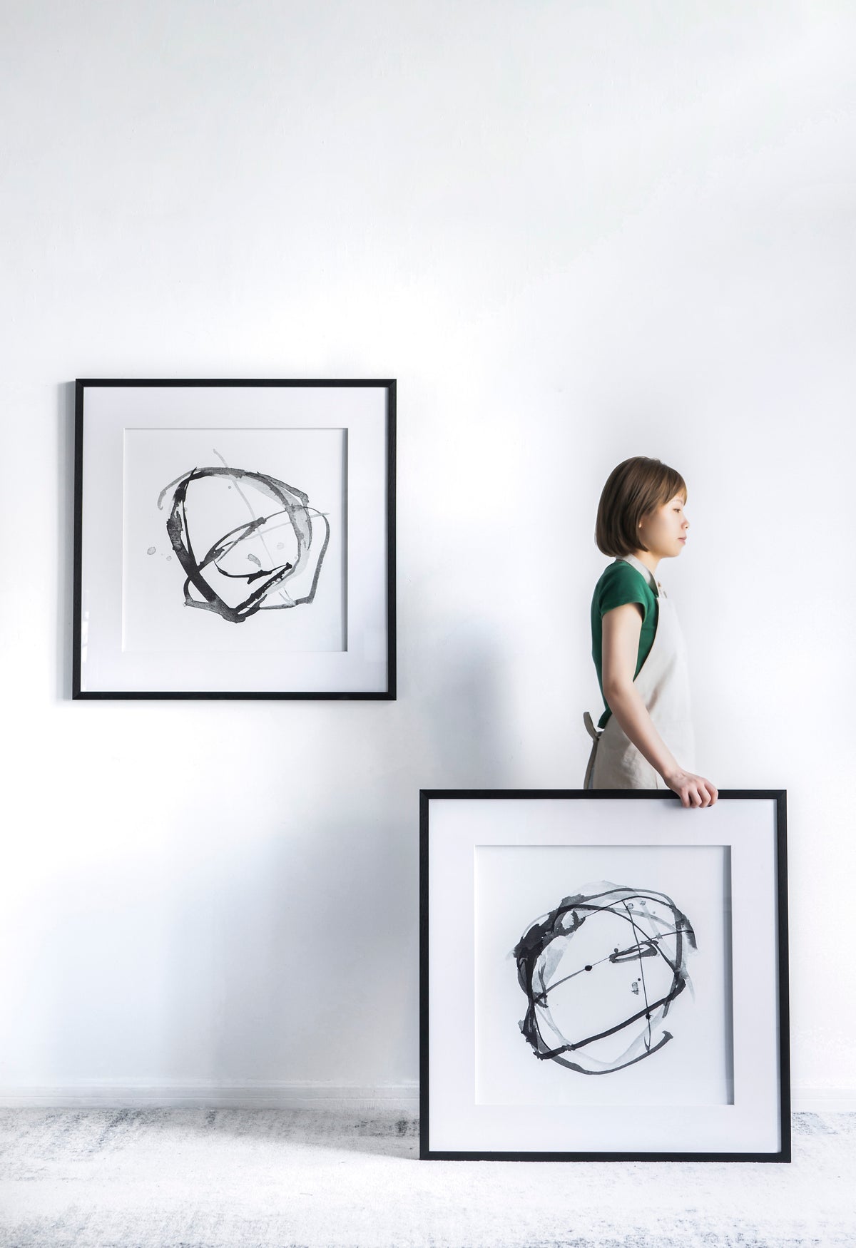 Set Of 2 Modern Abstract Wall Art, Square Framed Wall Art, 31.5" X 31.5" Black Plastic