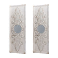 Set Of 2 Large Wooden Wall Art Panels With Distressed White Finish And Round Mirror Accents,17