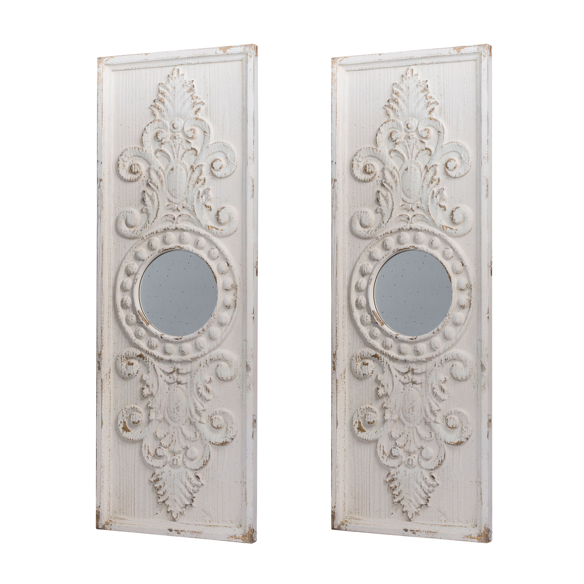Set Of 2 Large Wooden Wall Art Panels With Distressed White Finish And Round Mirror Accents,17" X 48" White Wood