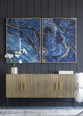 Set Of 2 Blue And Gold Framed Art Panels, Unique Marbled Design, 30.5