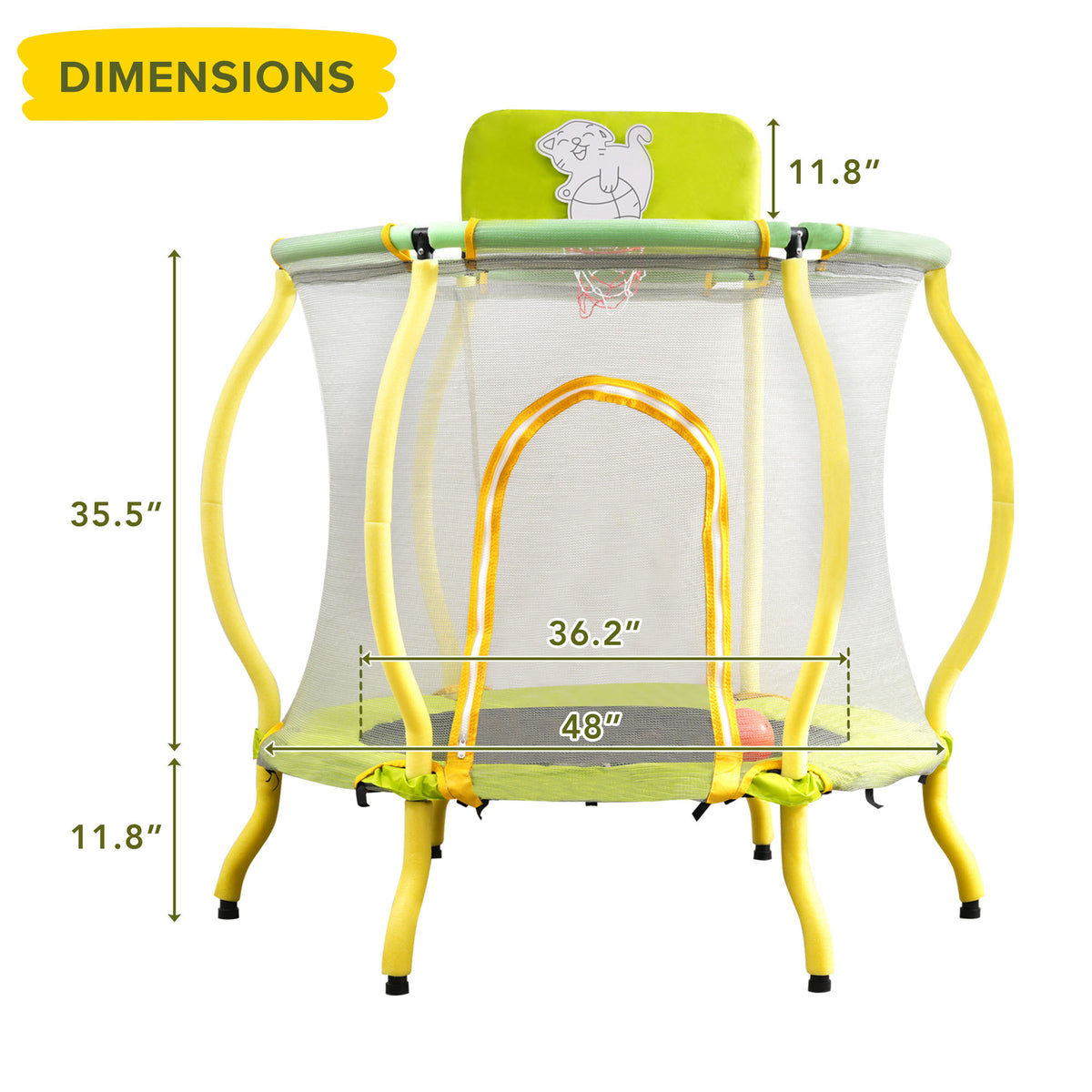 4Ft Trampoline For Kids 48" Indoor Mini Toddler Trampoline With Enclosure, Basketball Hoop And Ball Included, Arc Designed And Full Surrounded For Extra Protection Light Yellow Metal