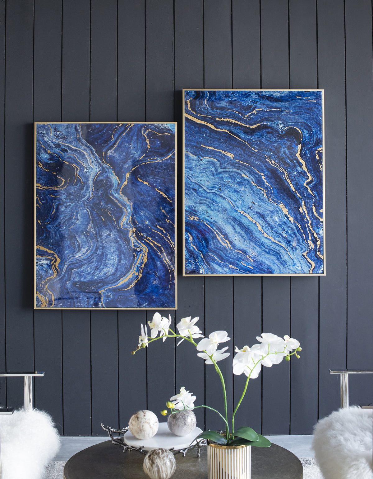 Set Of 2 Blue And Gold Framed Art Panels, Unique Marbled Design, 30.5" X 40" Blue Mdf