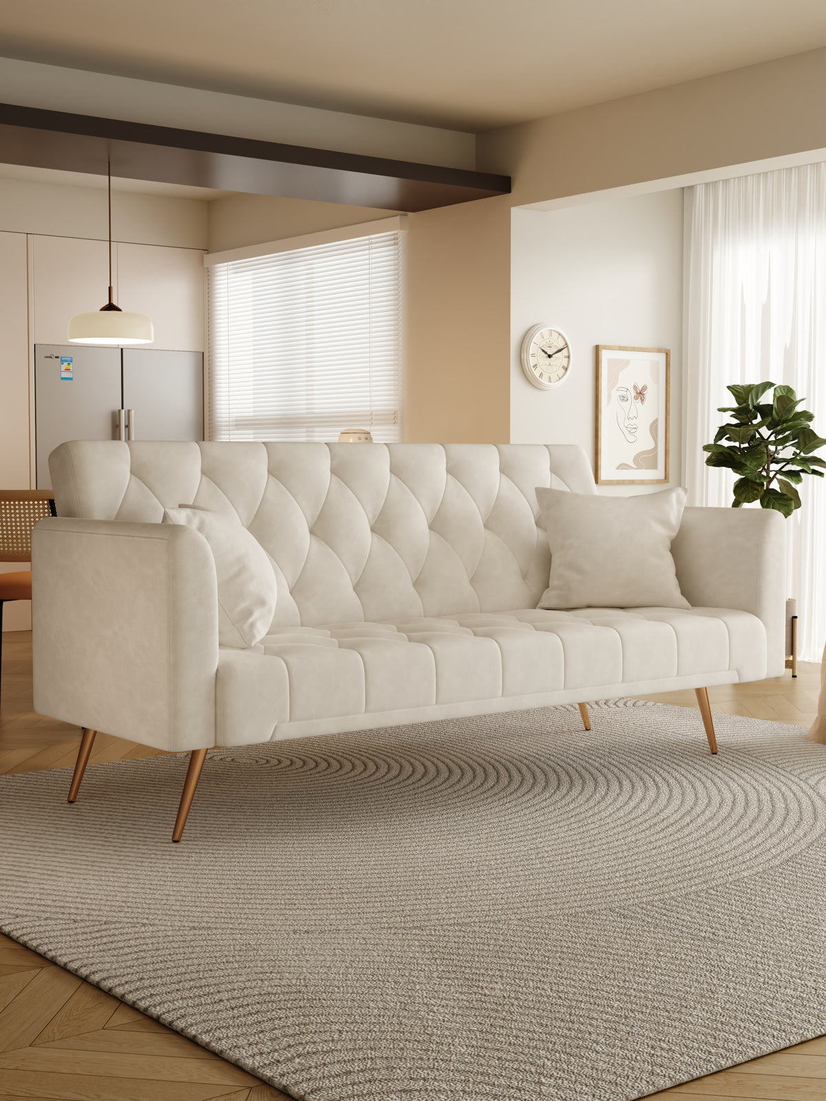 71 Inch Convertibleseat Sofa, American Retro Beige Velvet, Suitable For Small Living Room, Bedroom, Office Beige Velvet 2 Seat