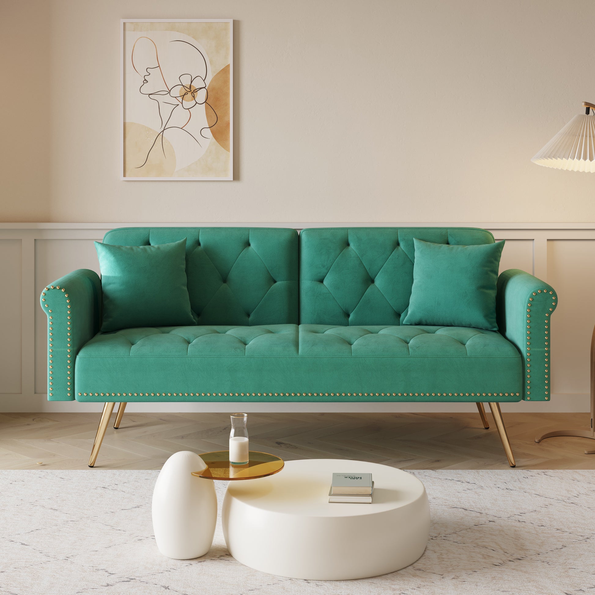 69.7 "Green Velvet Nail Head Sofa Bed With Throw Pillow Green Velvet 2 Seat