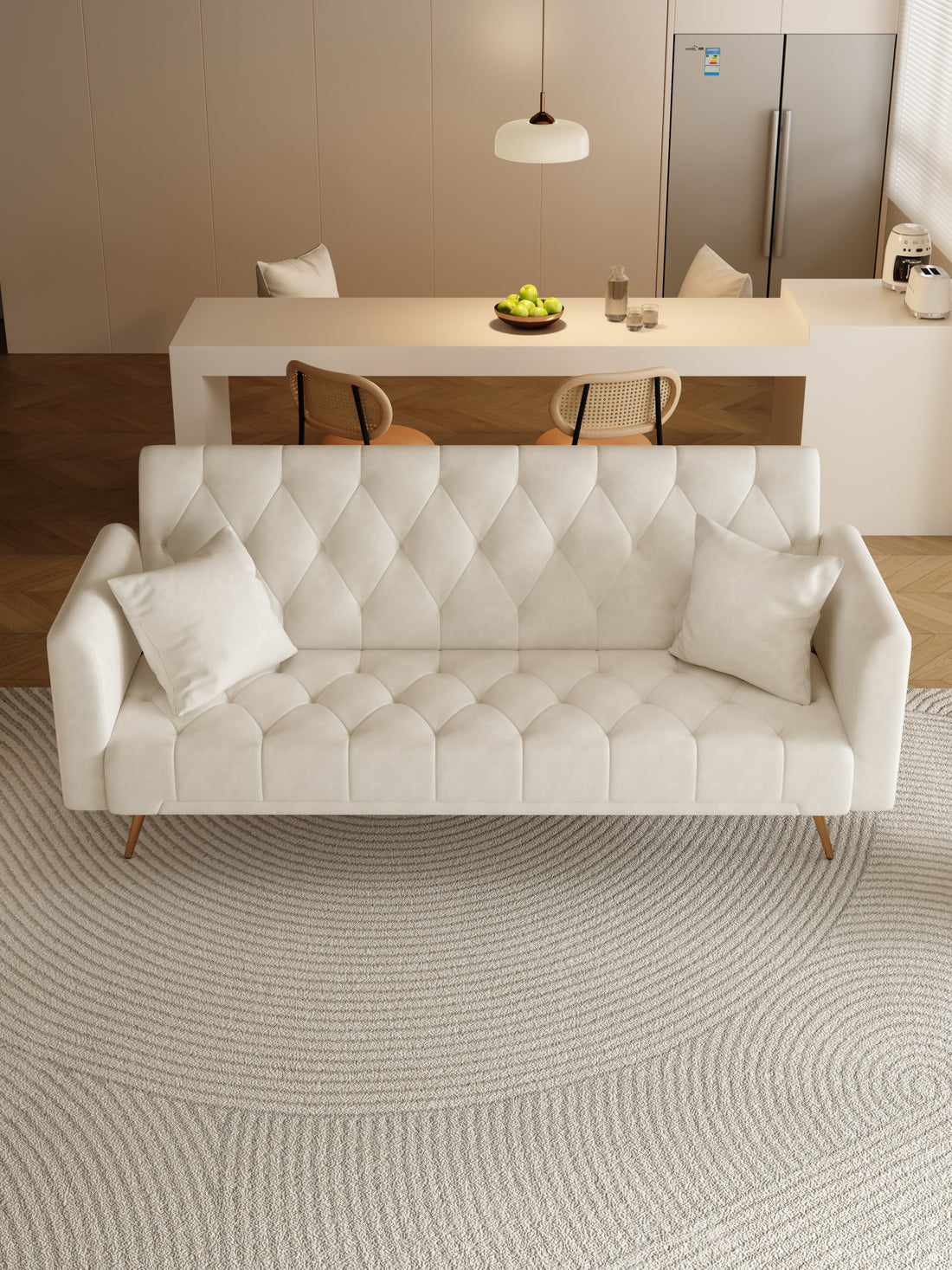 71 Inch Convertibleseat Sofa, American Retro Beige Velvet, Suitable For Small Living Room, Bedroom, Office Beige Velvet 2 Seat