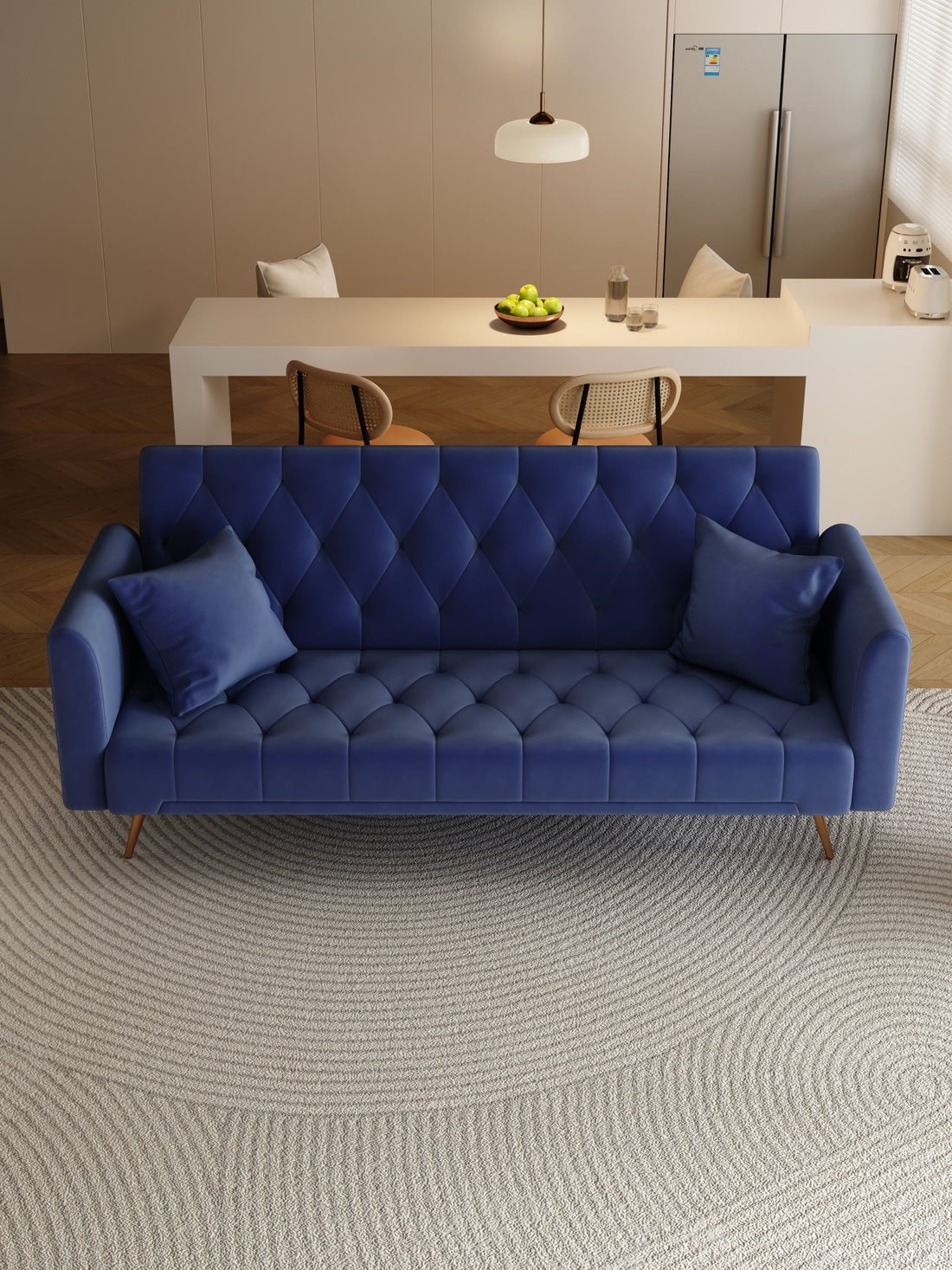 71 Inch Convertibleseat Sofa, American Retro Blue Velvet Material, Suitable For Small Living Room, Bedroom, Office Blue Velvet 2 Seat