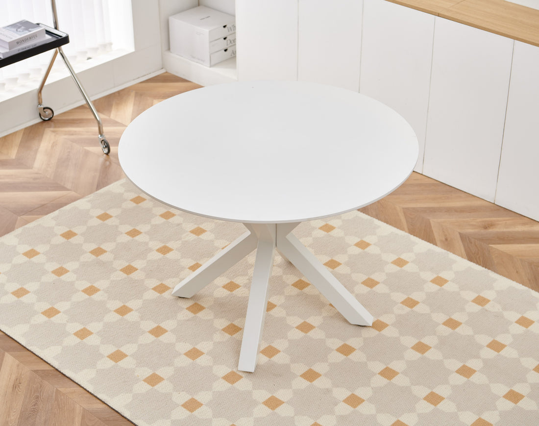 42.1"White Table Mid Century Dining Table For 4 6 People With Round Mdf Table Top, Pedestal Dining Table, End Table Leisure Coffee Table,Cross Leg White Kitchen & Dining Tables Mdf